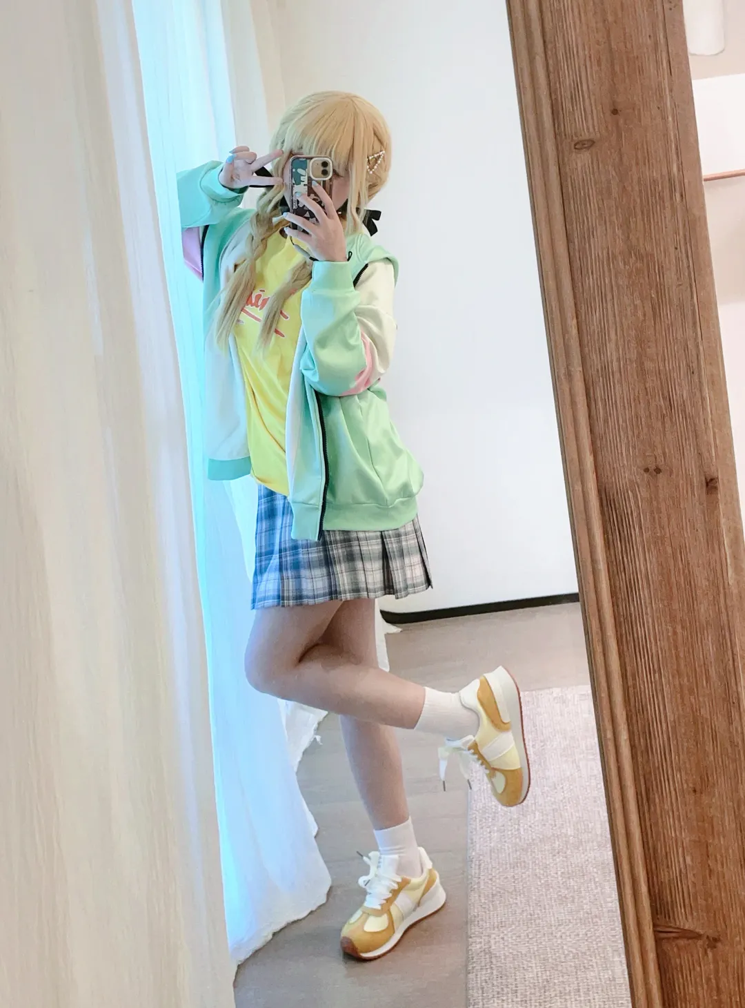 Gakuen Idolmaster, Kotone Fujita cosplay, Anime-style fashion, Blonde twin tails, Selfie sharing