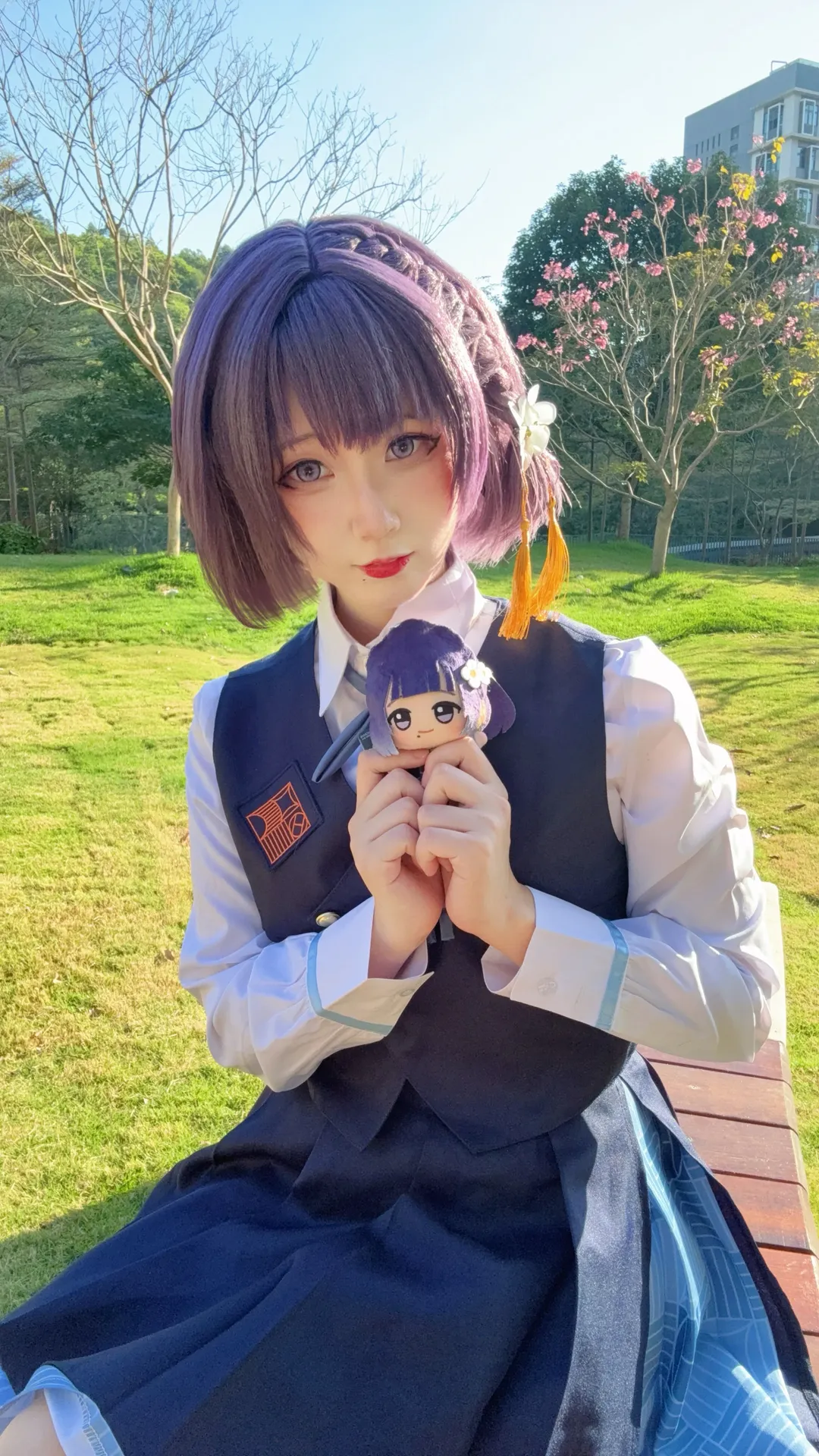 学园偶像大师, 秦谷美铃cos, 校园制服, 紫色短发, 毛绒娃娃 - 第1张