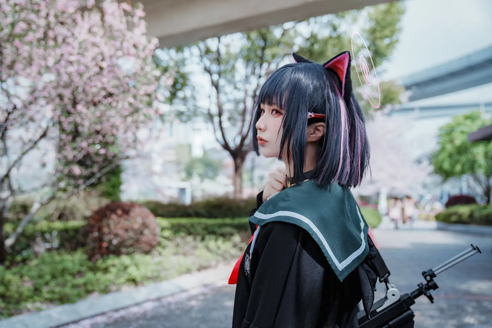 二次元摄影, 蔚蓝档案, 杏山和纱cos, 樱花外景, 黑丝百褶裙 - 第5张