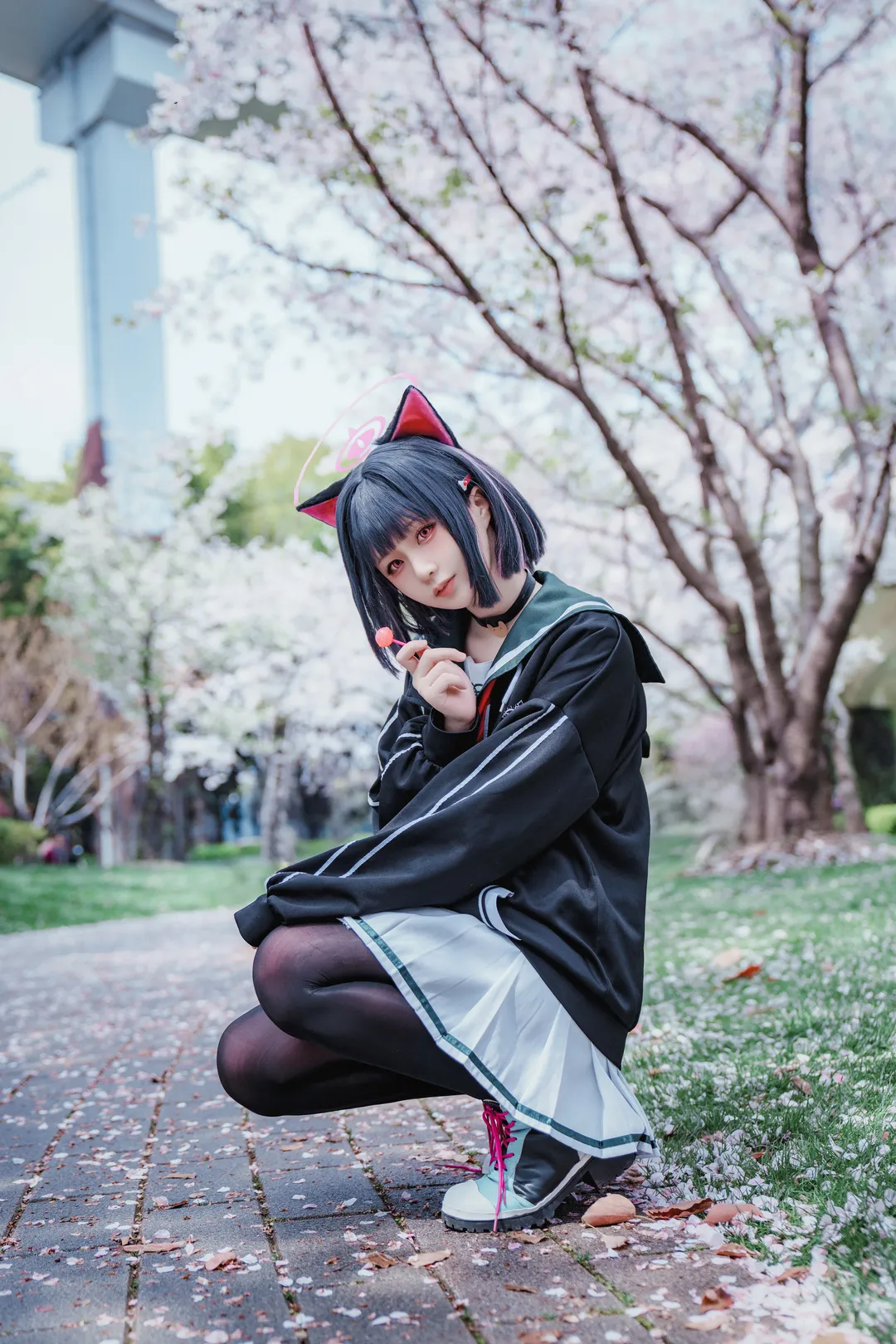 二次元攝影, 蔚藍檔案, 杏山和紗cos, 櫻花外景, 黑絲百褶裙