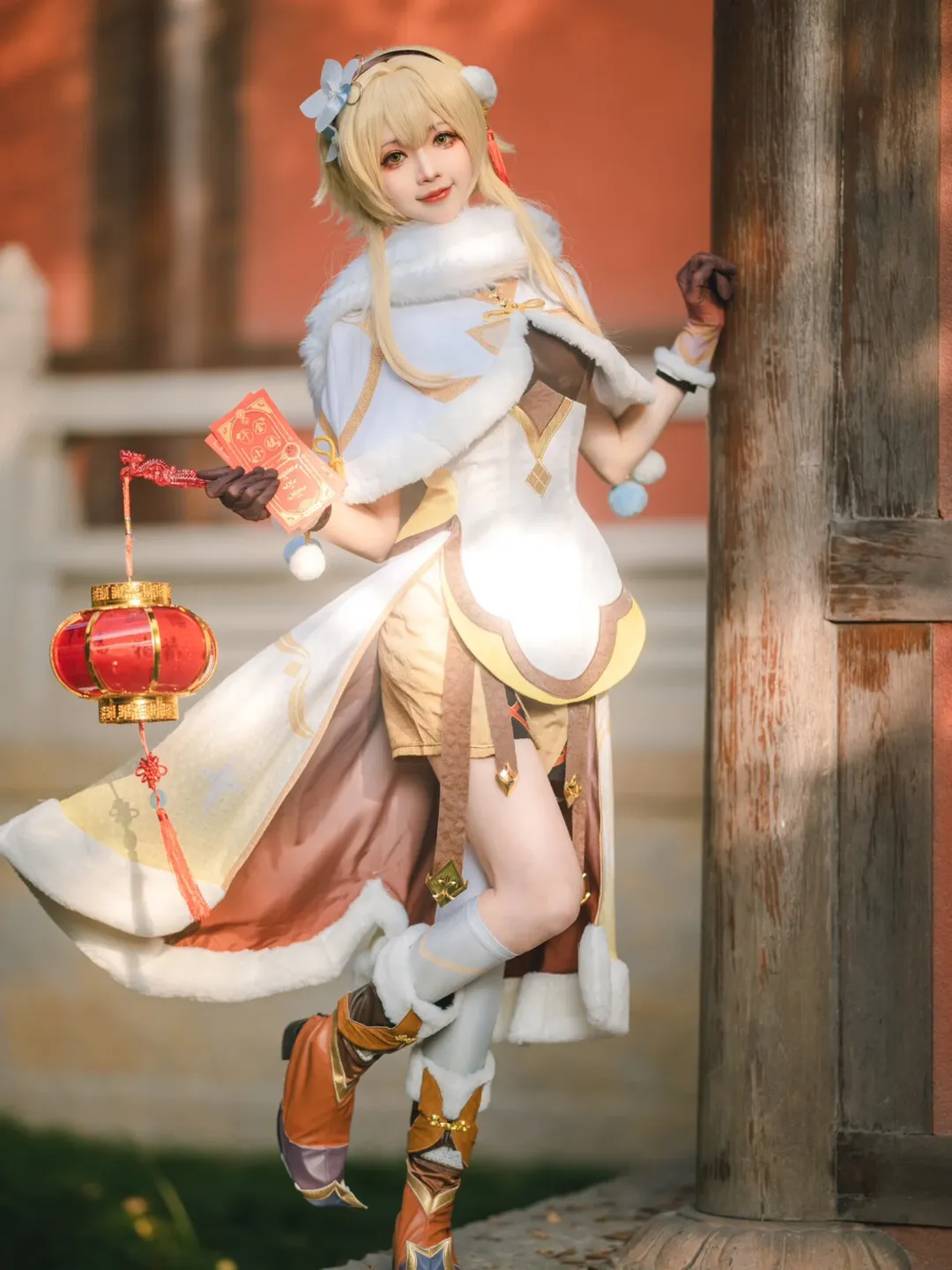 Genshin Impact, Lumine cosplay, New Year greeting illustration, White stockings cosplay, sweet girl cosplay - Image 1