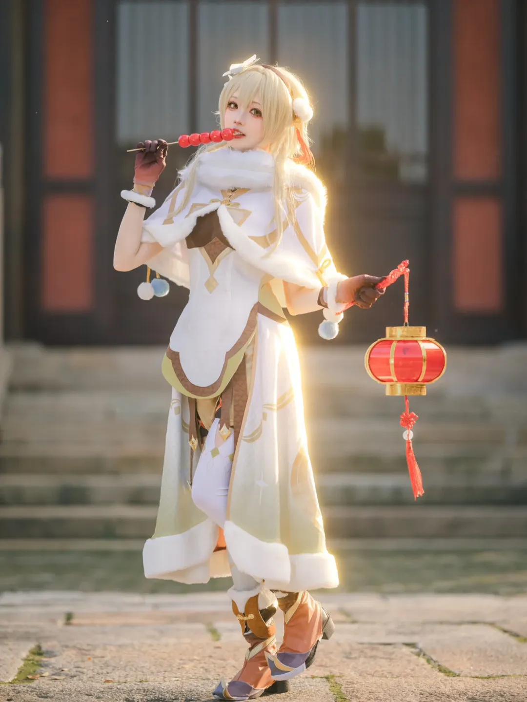 Genshin Impact, Lumine cosplay, New Year greeting illustration, White stockings cosplay, sweet girl cosplay - Image 2
