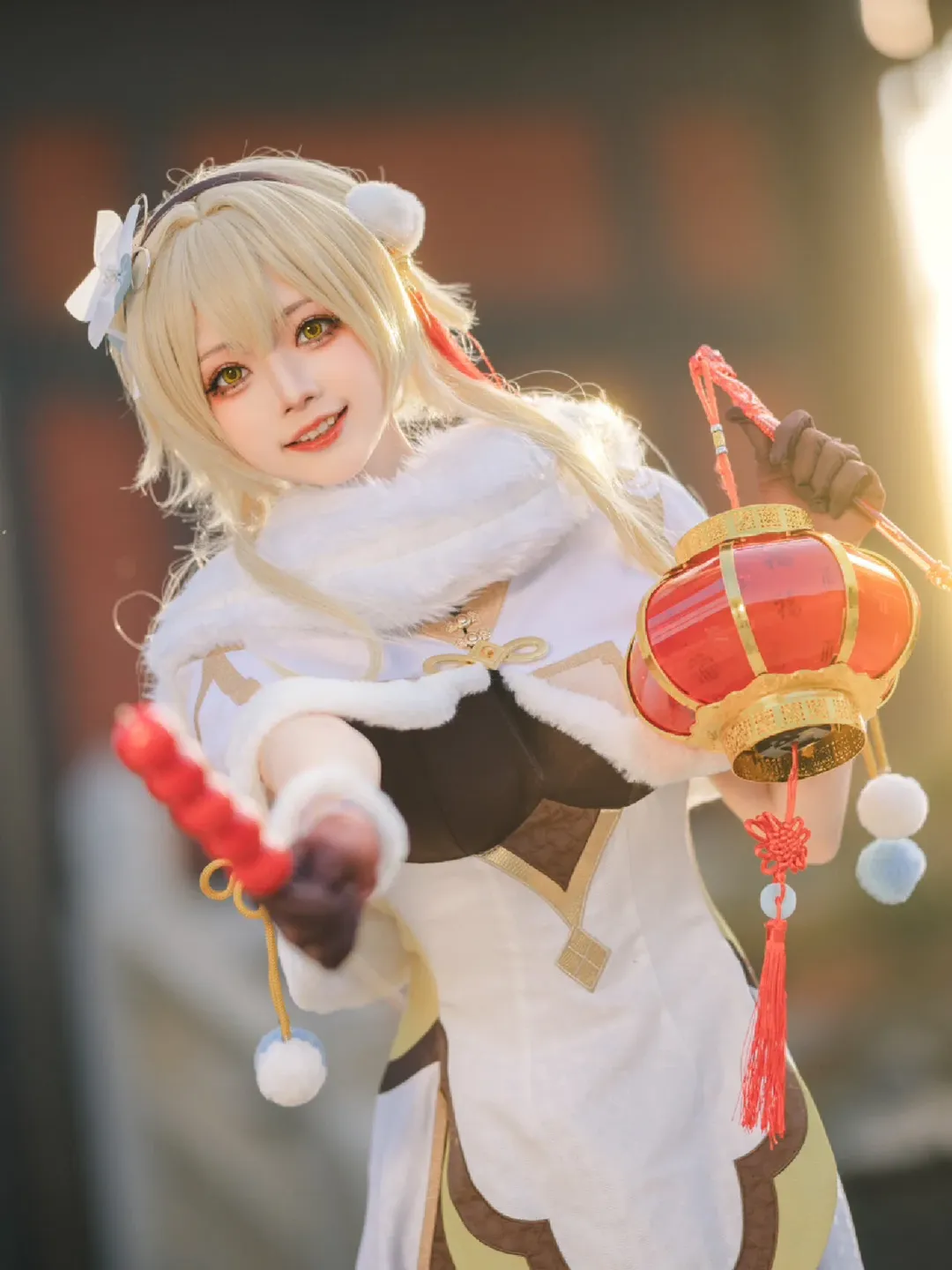 Genshin Impact, Lumine cosplay, New Year greeting illustration, White stockings cosplay, sweet girl cosplay - Image 3