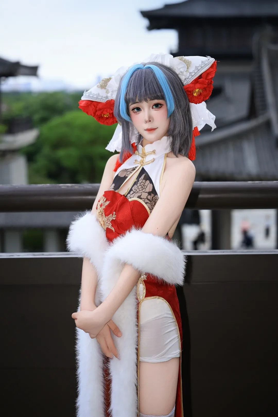 柴郡cos, 碧蓝航线, 旗袍cosplay, 户外人像摄影, 吊带袜穿搭 - 第1张