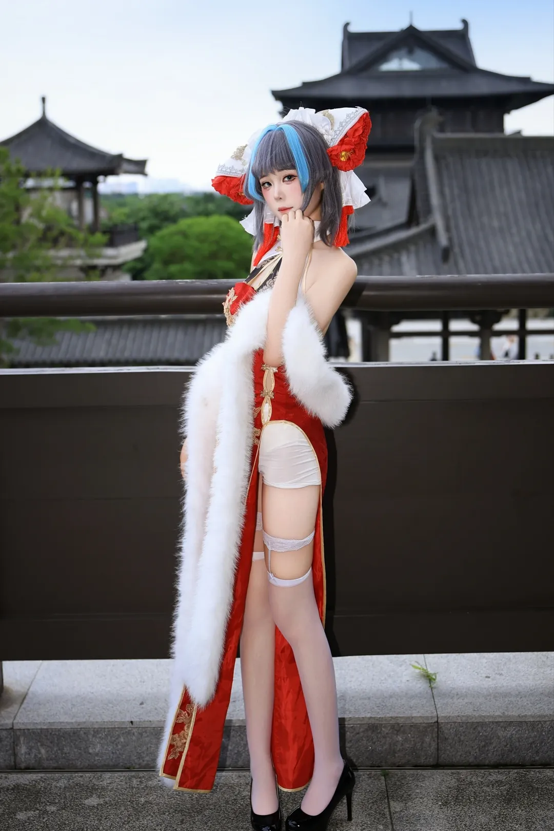 柴郡cos, 碧蓝航线, 旗袍cosplay, 户外人像摄影, 吊带袜穿搭 - 第2张