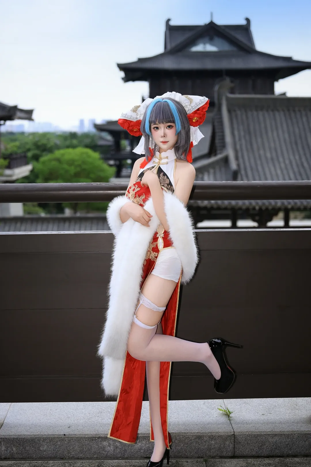 柴郡cos, 碧藍航線, 旗袍cosplay, 戶外人像攝影, 吊帶襪穿搭