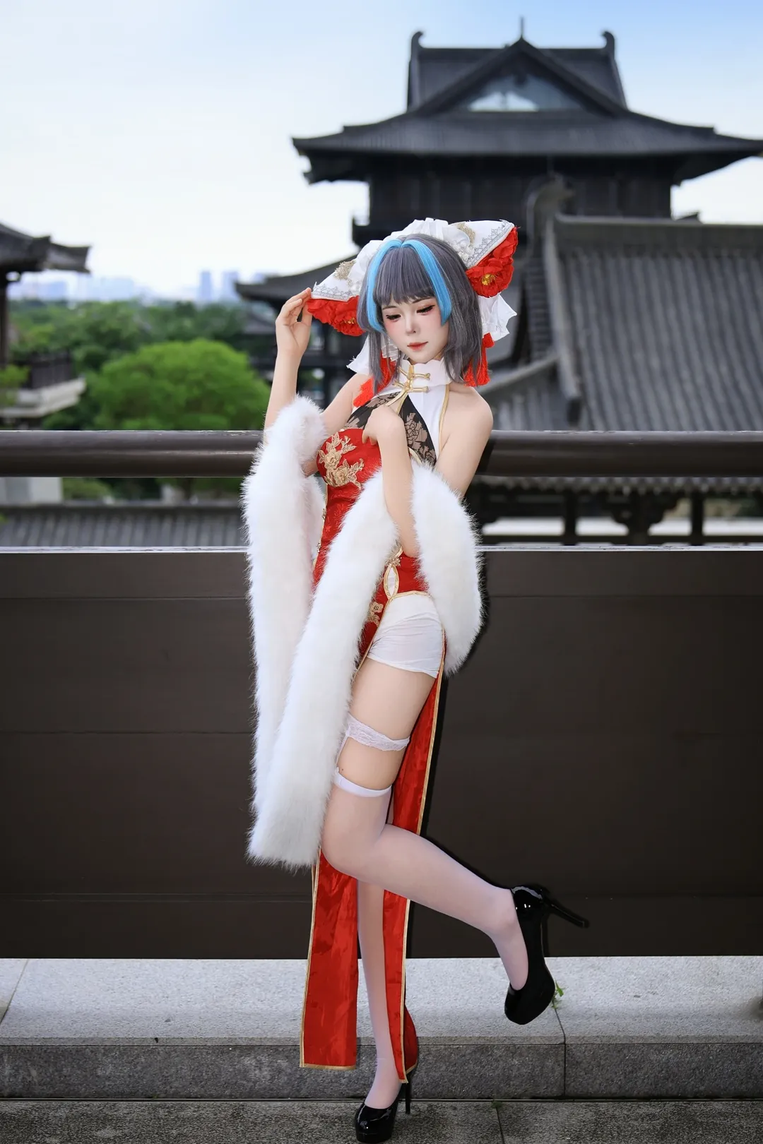 柴郡cos, 碧蓝航线, 旗袍cosplay, 户外人像摄影, 吊带袜穿搭 - 第4张