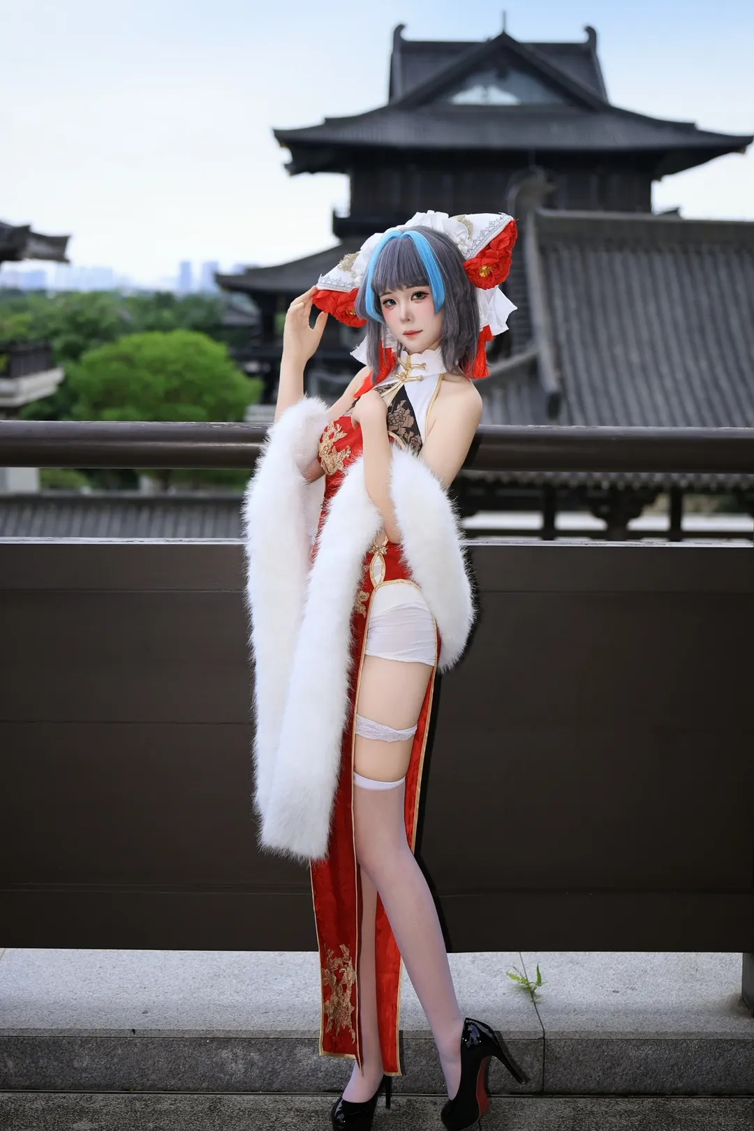 柴郡cos, 碧蓝航线, 旗袍cosplay, 户外人像摄影, 吊带袜穿搭 - 第5张