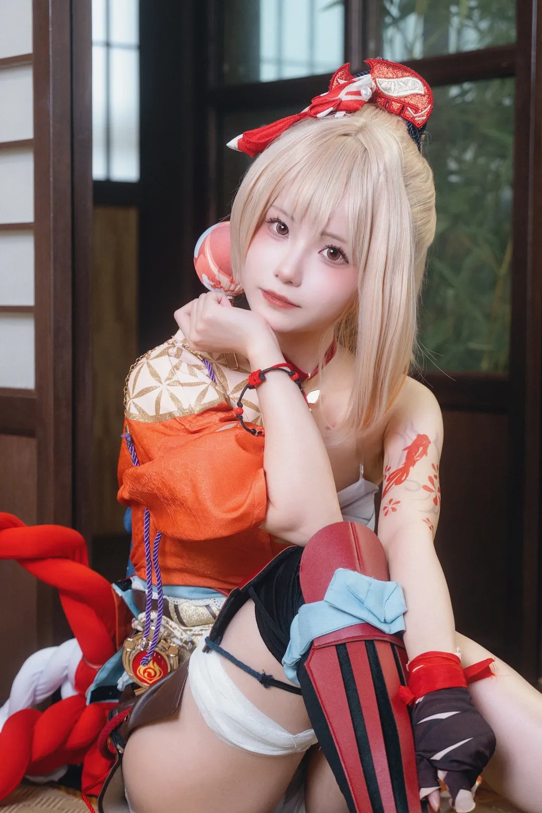 原神, ポートレート, 宵宮コスプレ, 和風庭園, 黒ストッキング コスプレ - 10枚目