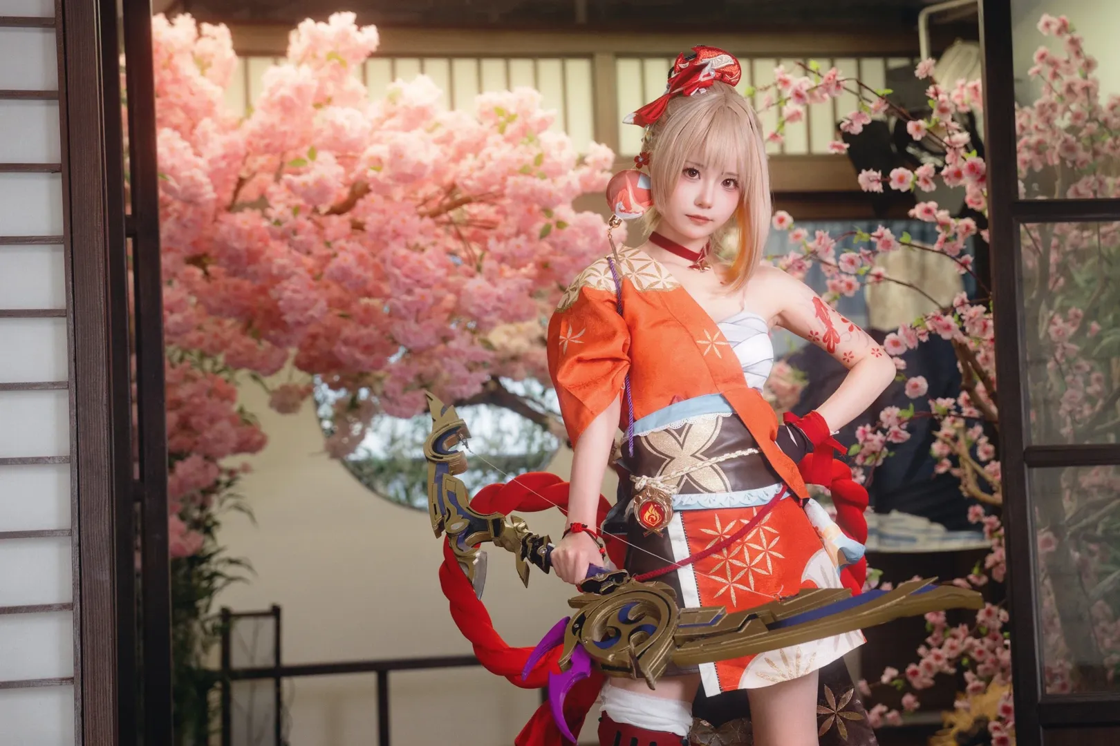 原神, ポートレート, 宵宮コスプレ, 和風庭園, 黒ストッキング コスプレ - 5枚目