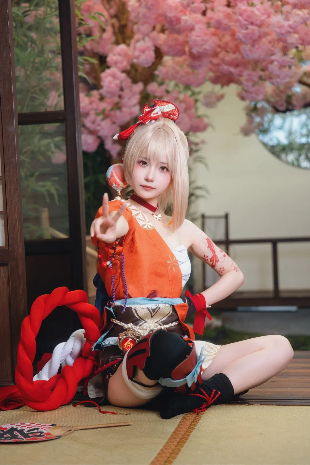 原神, ポートレート, 宵宮コスプレ, 和風庭園, 黒ストッキング コスプレ - 9枚目