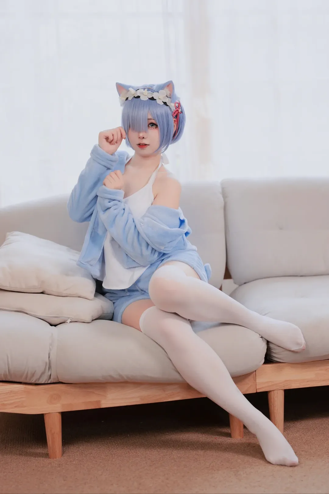 二次元, 白ストッキング, レム コスプレ, Re:ゼロから始める異世界生活, 部屋着コスプレ