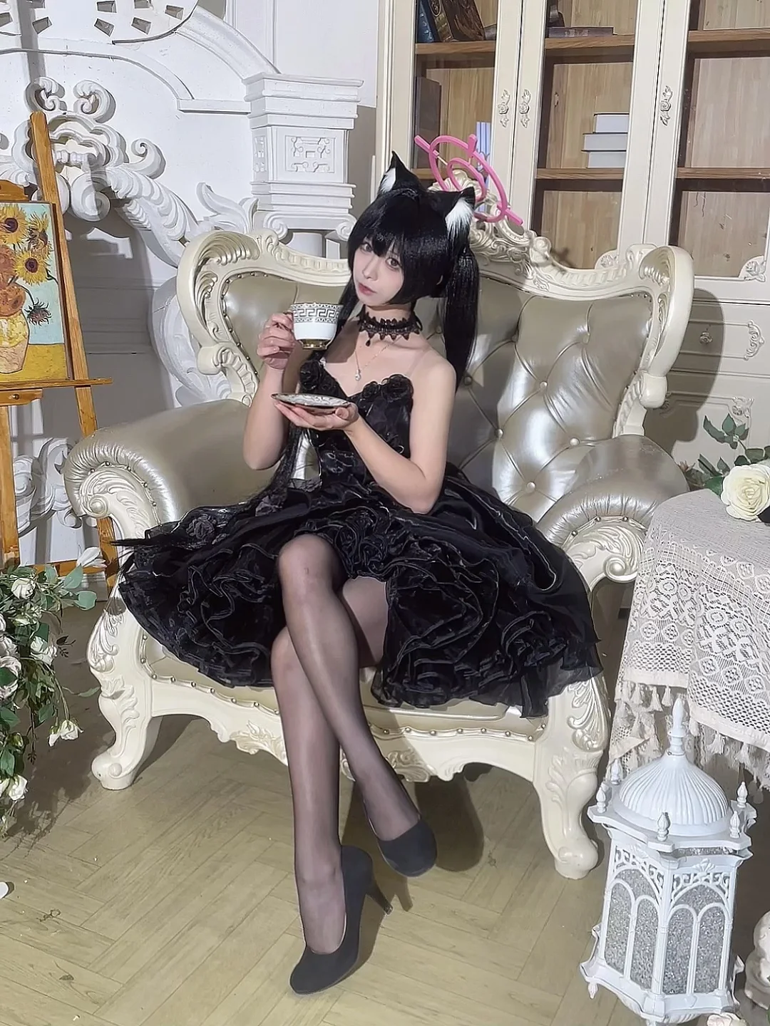 蔚蓝档案, 二次元cosplay, 黑丝穿搭, 黑见芹香cos, 猫耳萌娘
