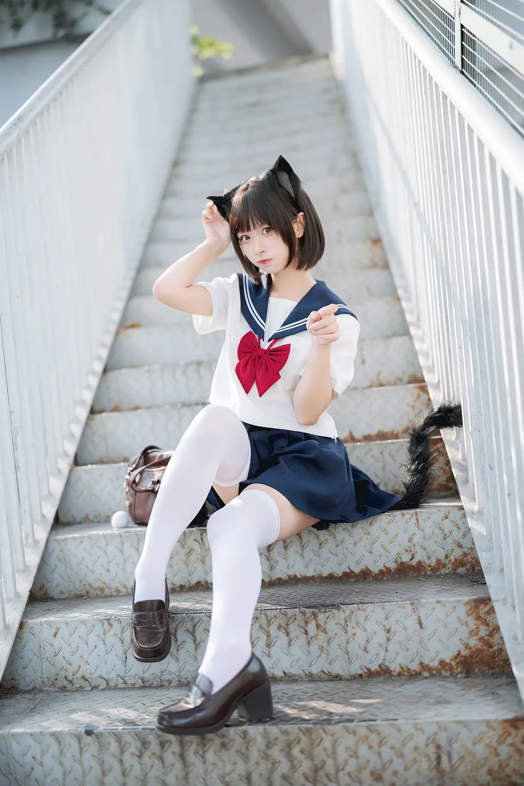 猫耳, 白丝, jk制服, 猫咪拟人, 地铁口写真