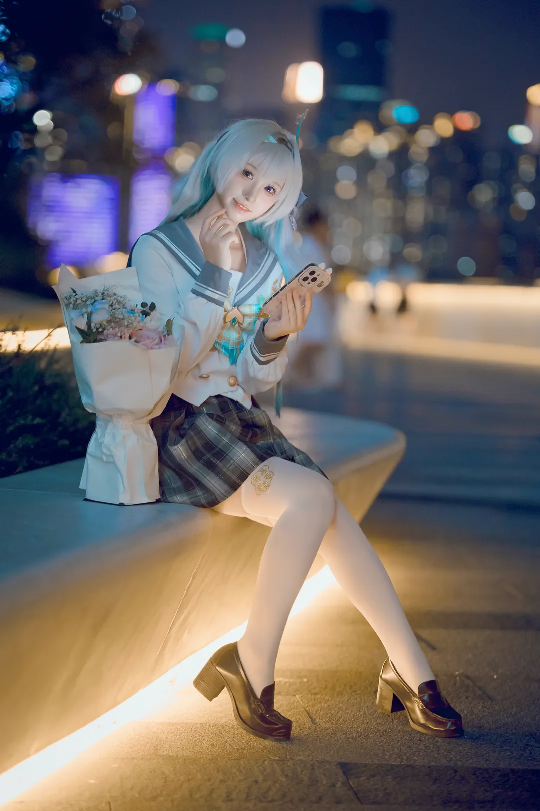 崩坏星穹铁道, 流萤cos, 白丝, jk制服, 夜景写真