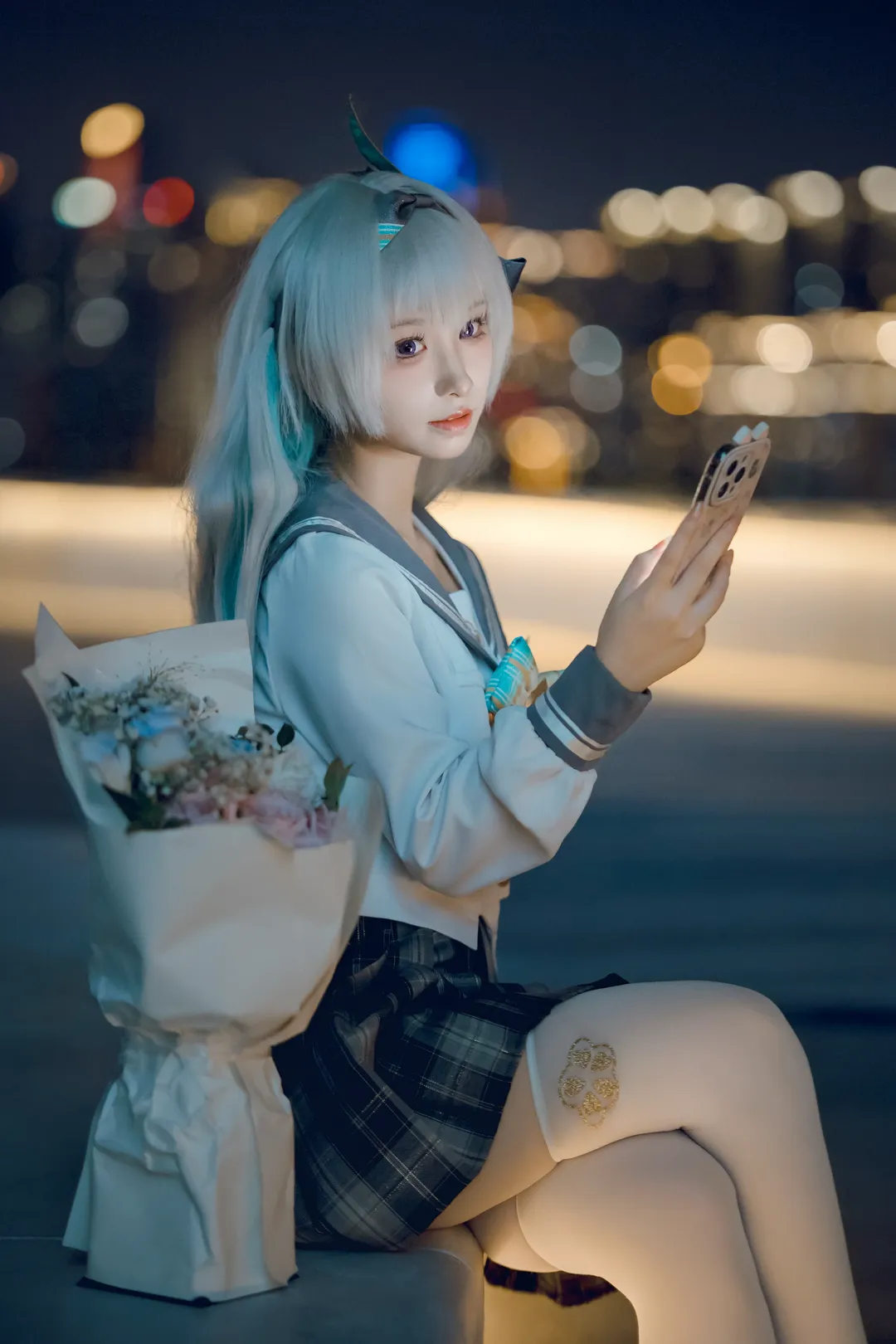 崩坏星穹铁道, 流萤cos, 白丝, jk制服, 夜景写真 - 第2张