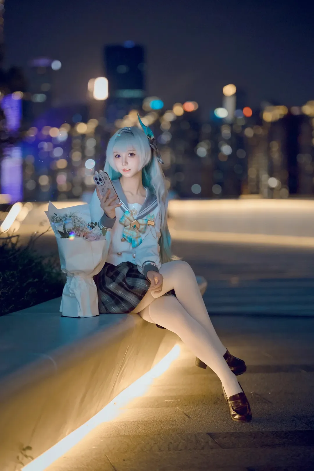 崩坏星穹铁道, 流萤cos, 白丝, jk制服, 夜景写真 - 第3张