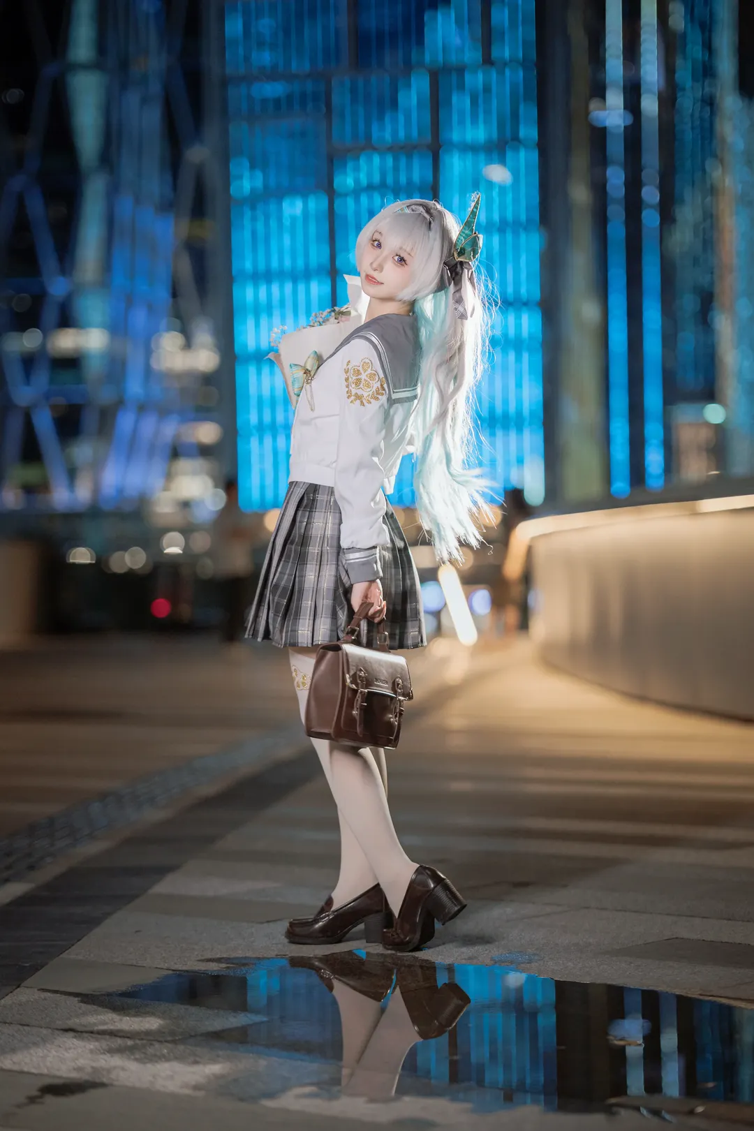 Honkai: Star Rail, Firefly cosplay, White stockings, Night view, JK uniform