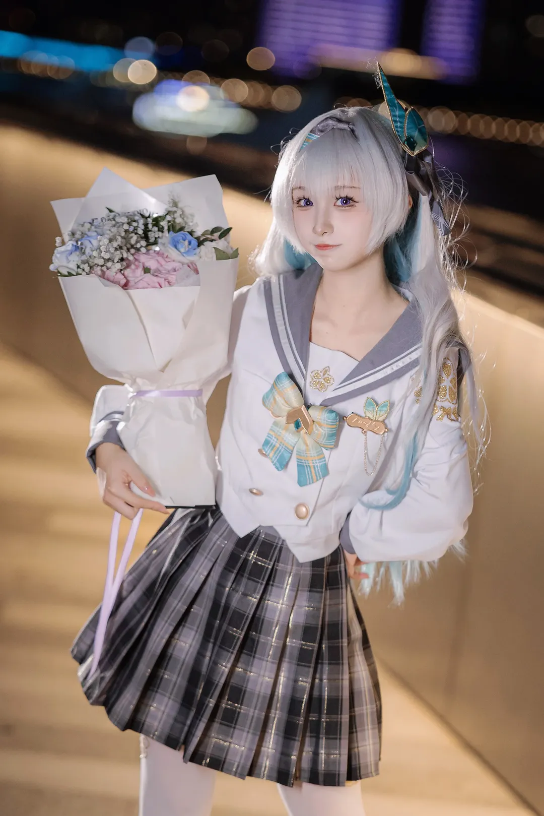 Honkai: Star Rail, Firefly cosplay, White stockings, Night view, JK uniform - Image 2