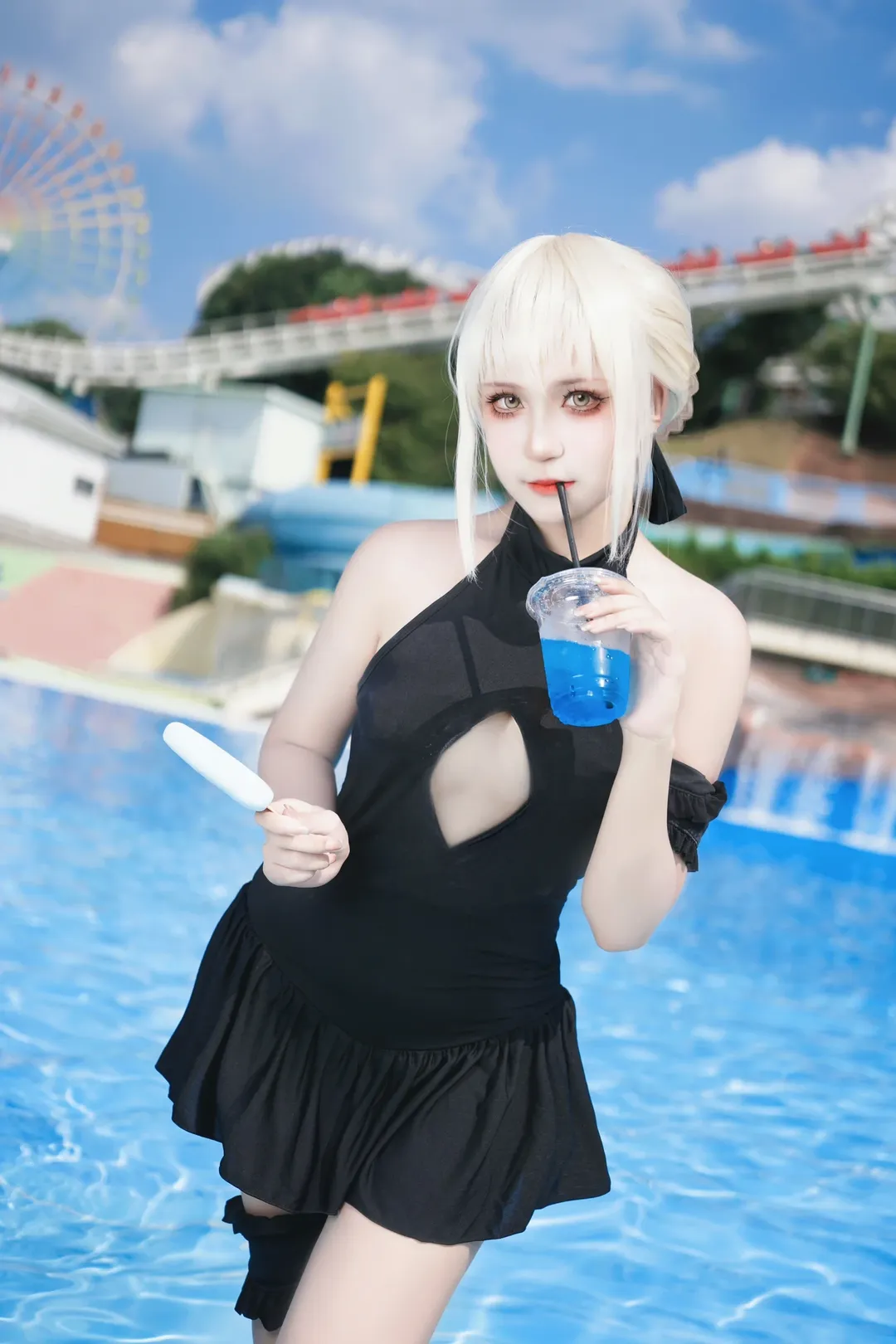 fgo, 夏日泳装, 黑呆cos, 黑丝写真, 游乐园外拍