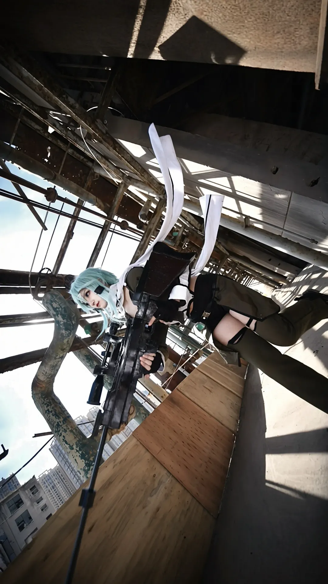 ソードアート・オンライン, コスプレ撮影, シノンコスプレ, オーバーニーソックス, 廃墟風コスプレ