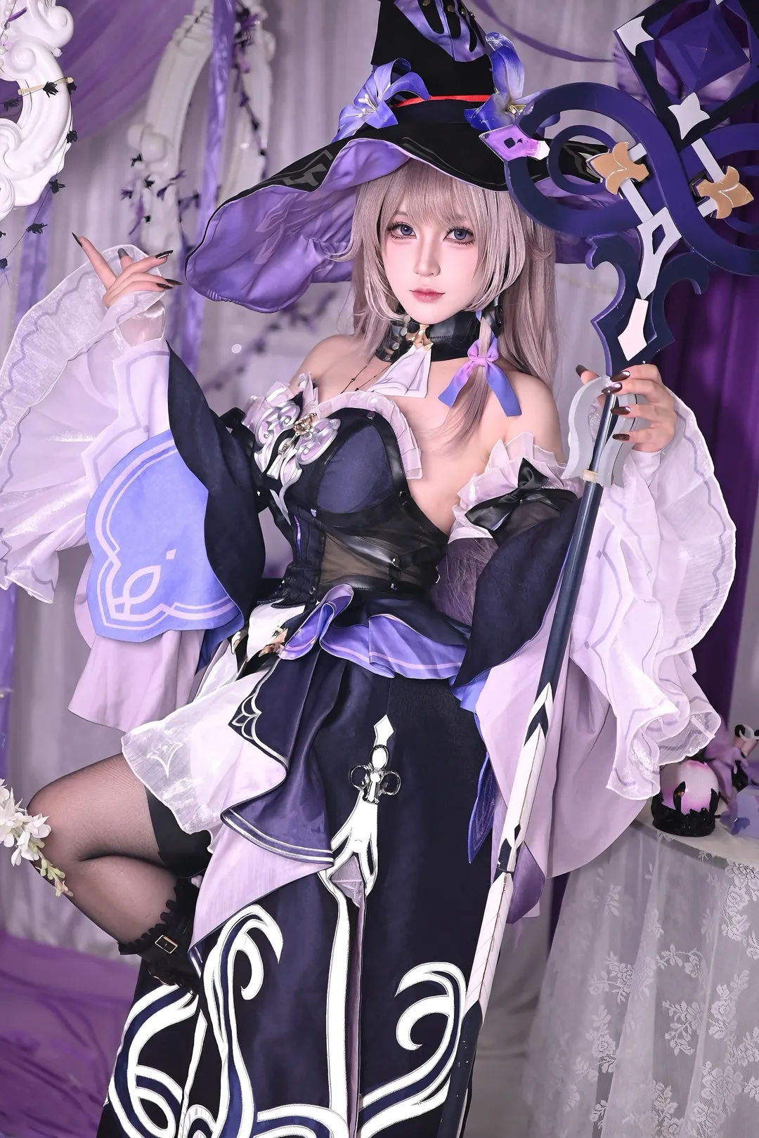 Purple style outfit, Dreamy photoshoot, Wizard cosplay, Staff prop, Off-shoulder look