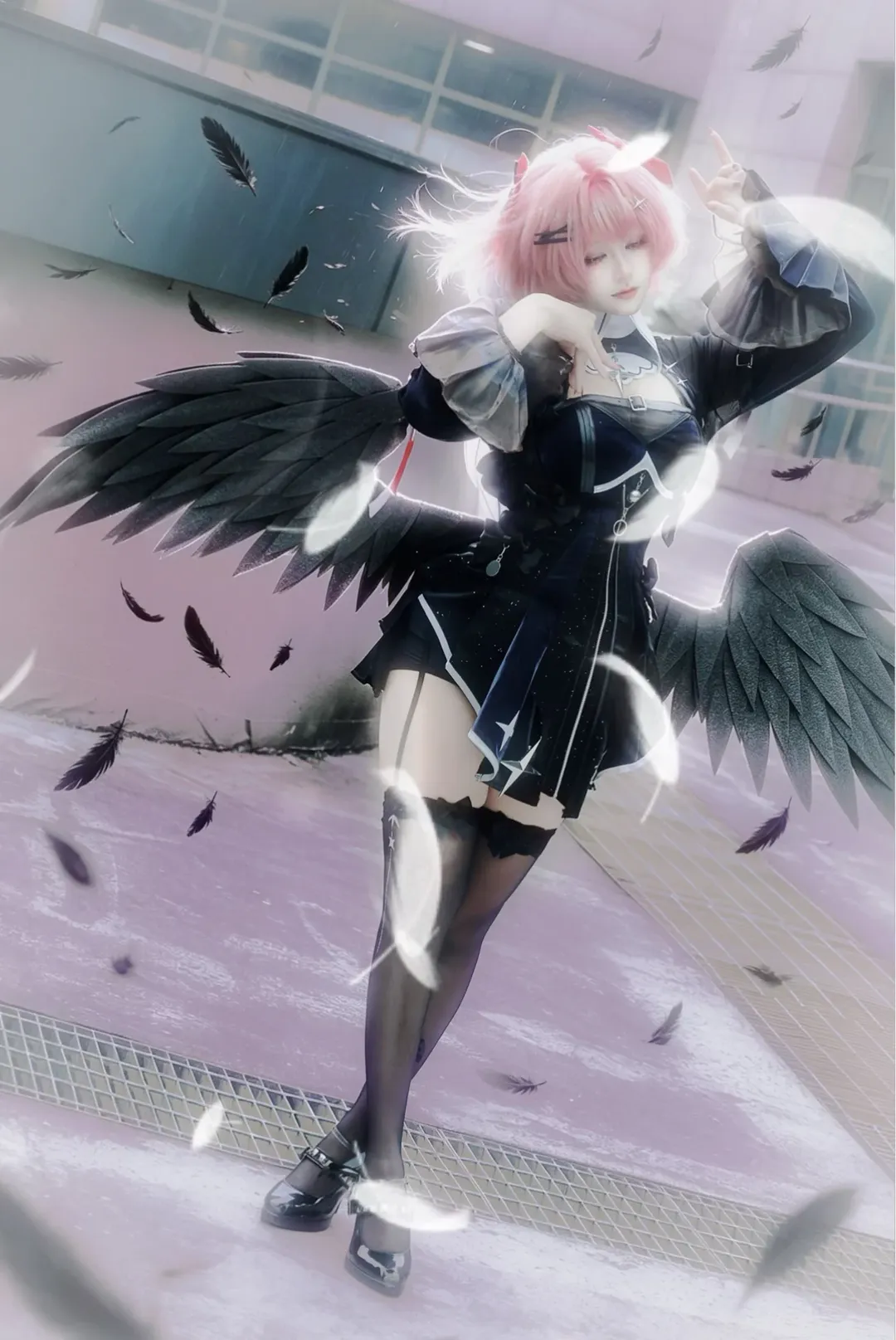 Zenless Zone Zero, cosplay, Black tights outfit, Feathered wings, Ramiel Remielle cosplay