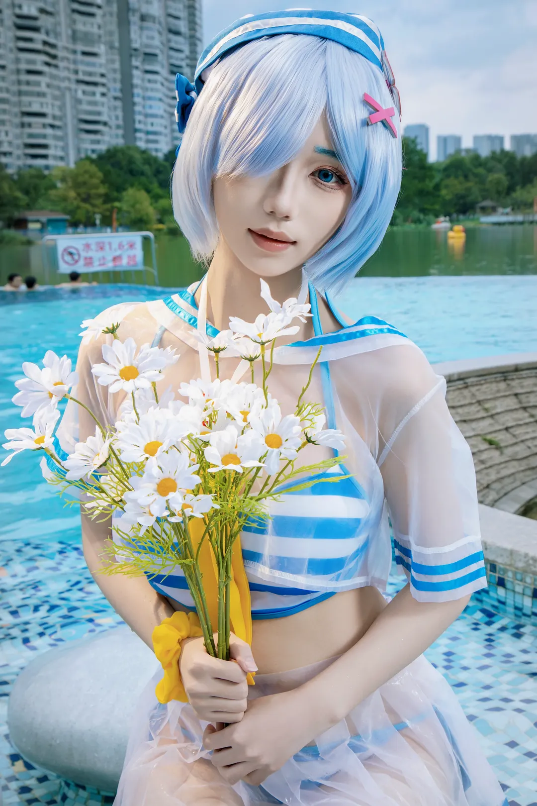 cosplay, 从零开始的异世界生活, 蕾姆cos, 白丝, 泳池派对