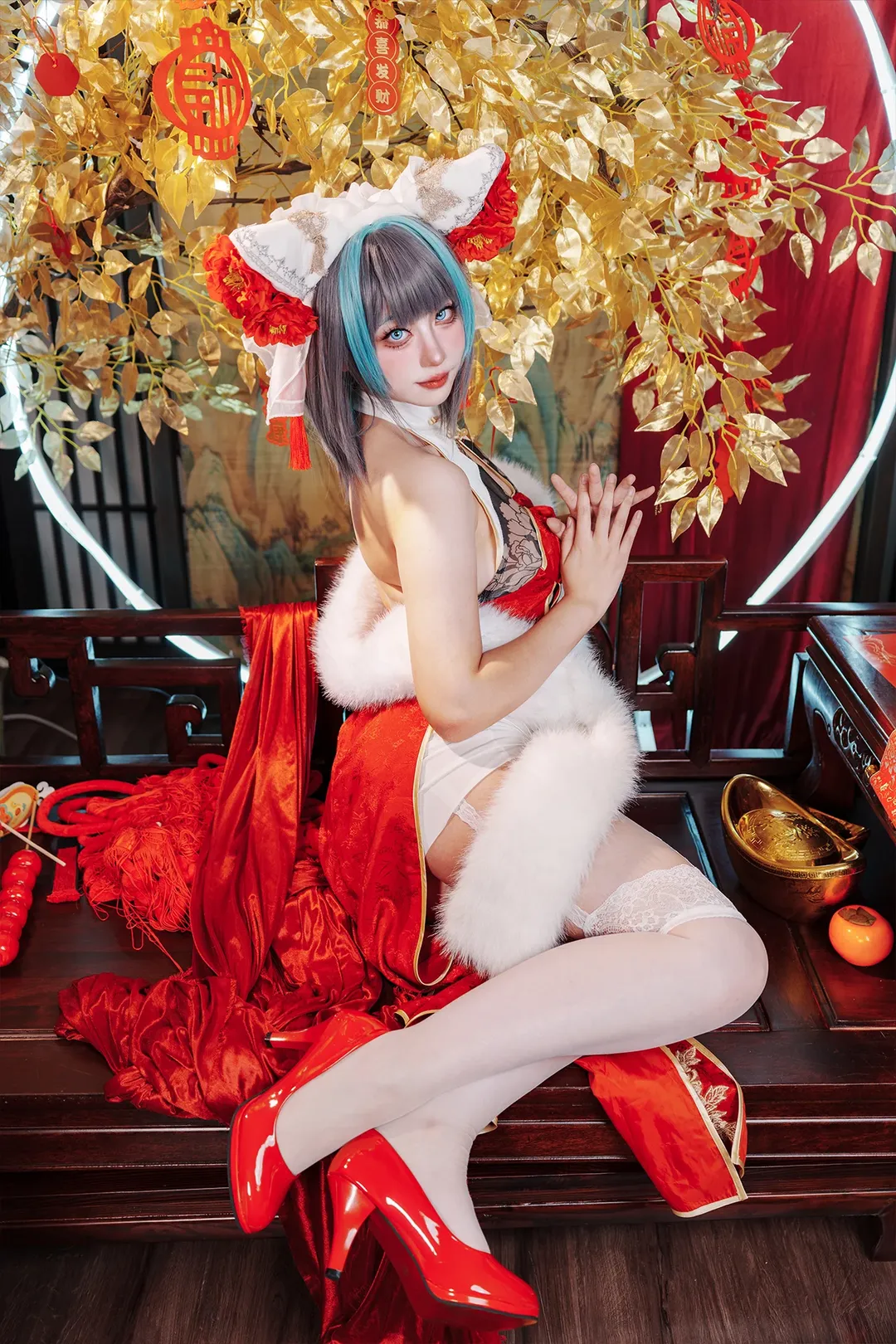 柴郡cos, 碧蓝航线, 二次元cosplay, 白丝cos, 新年旗袍cos - 第1张