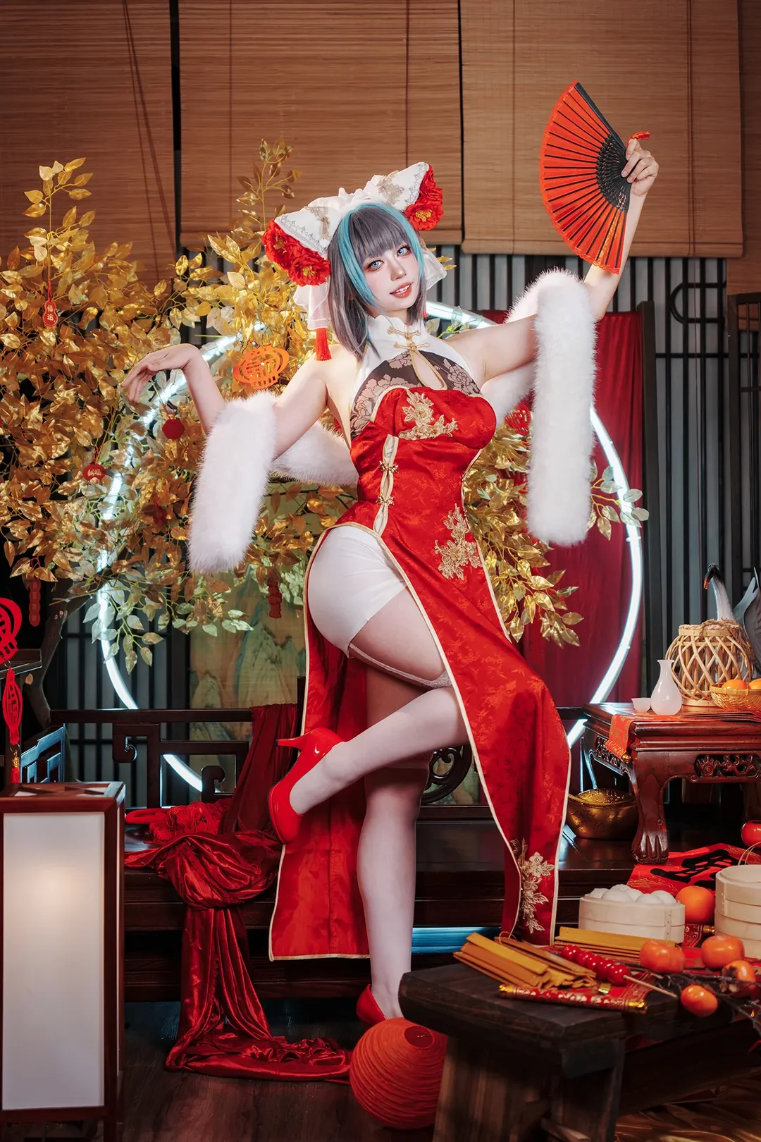 柴郡cos, 碧蓝航线, 二次元cosplay, 白丝cos, 新年旗袍cos