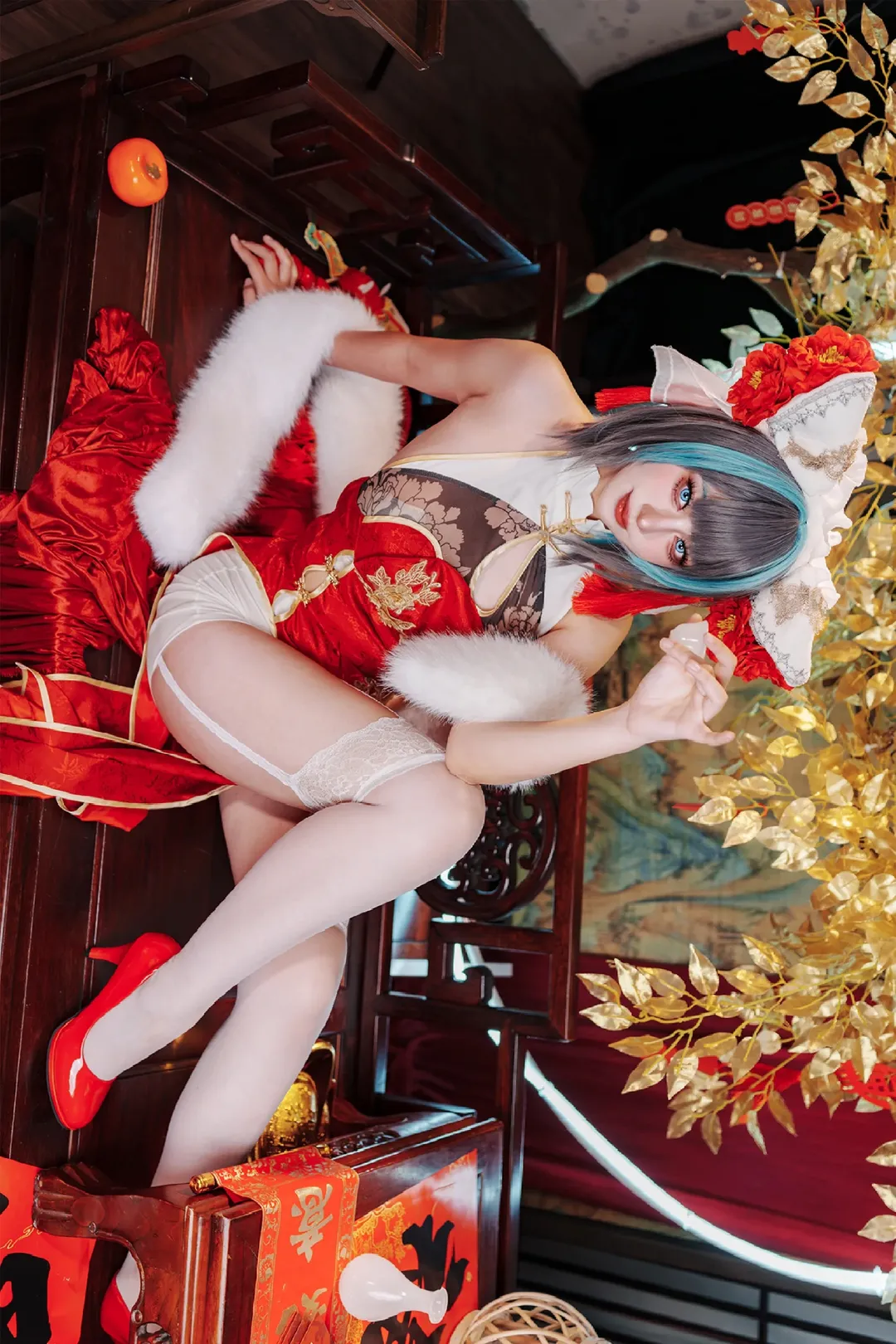 柴郡cos, 碧蓝航线, 二次元cosplay, 白丝cos, 新年旗袍cos - 第4张