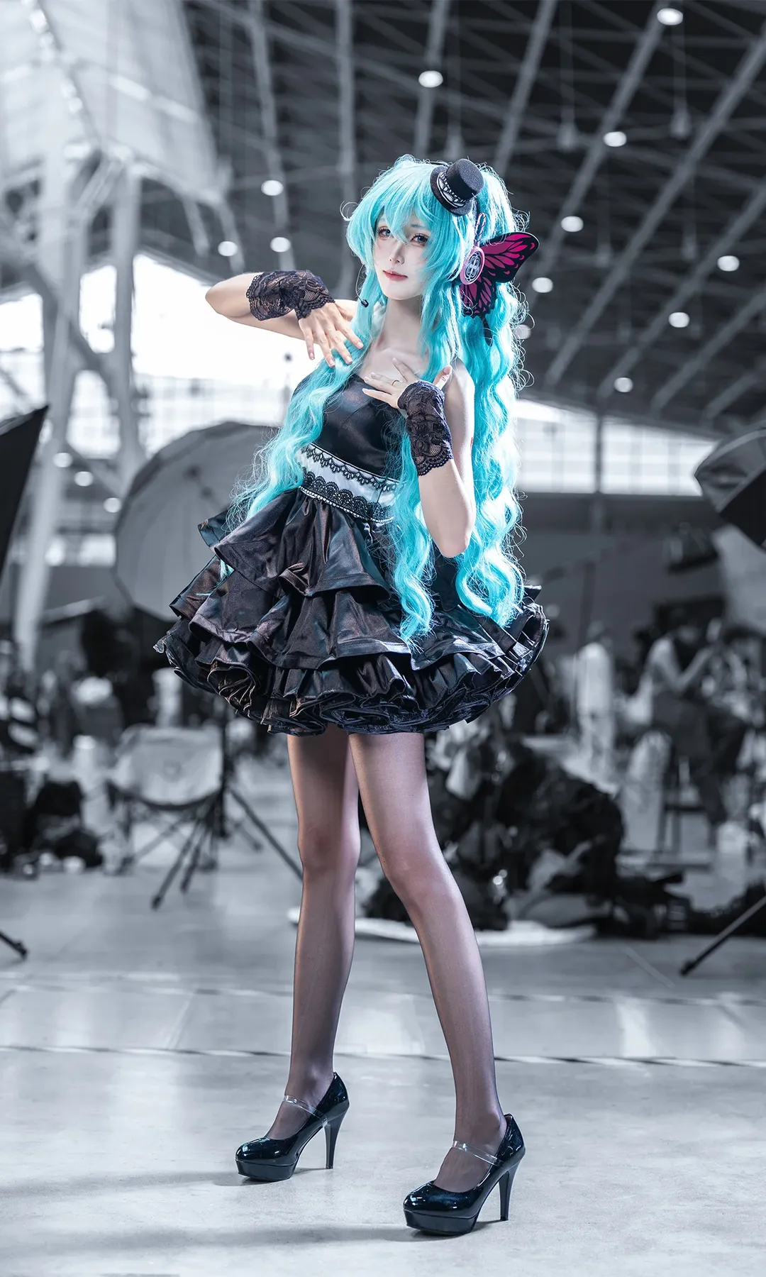 漫展返图, 初音未来, 初音未来cos, 黑丝穿搭, 蝴蝶耳机