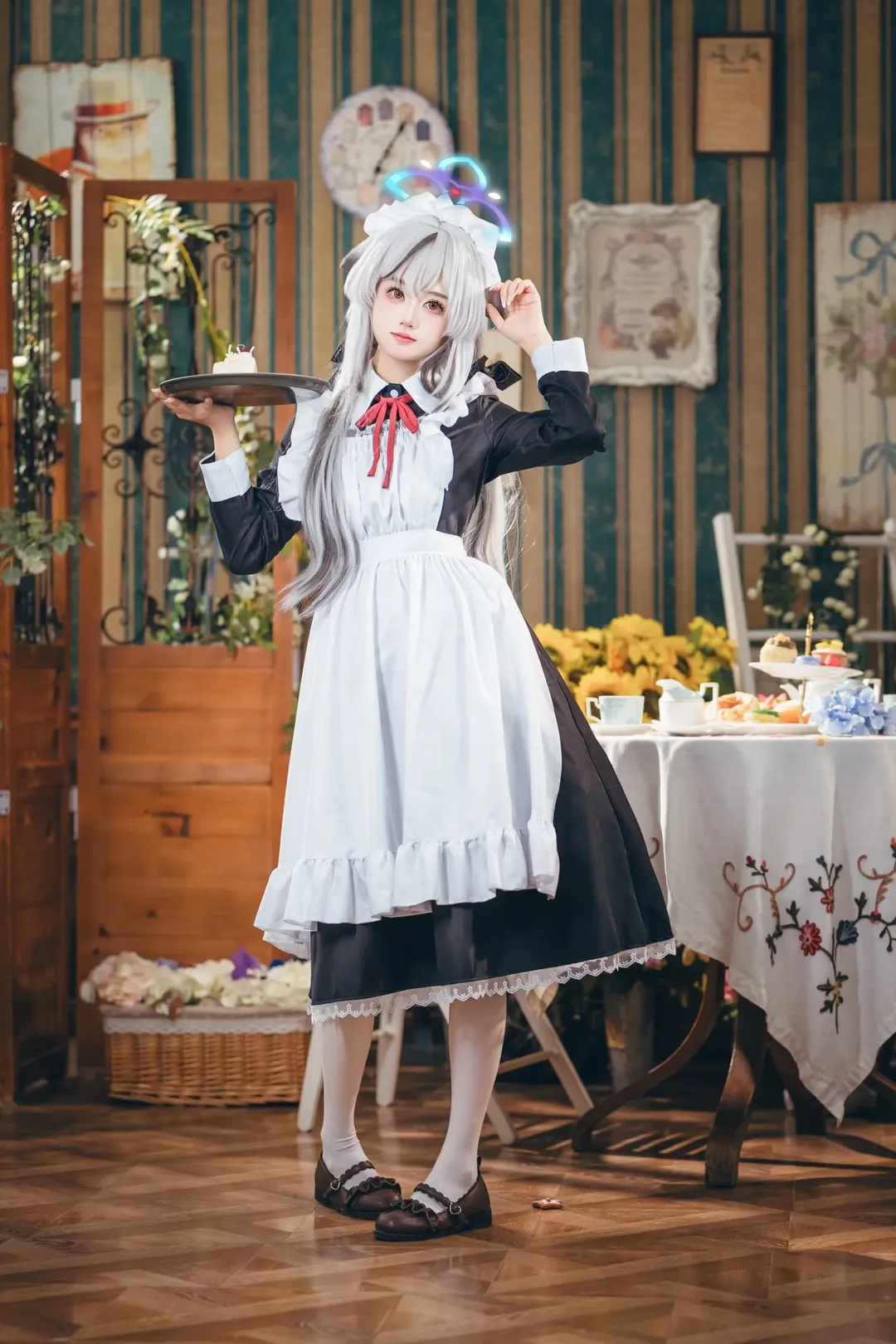 蔚蓝档案, 女仆装cosplay, 春原心奈cos, 白丝女仆, 下午茶拍照 - 第4张