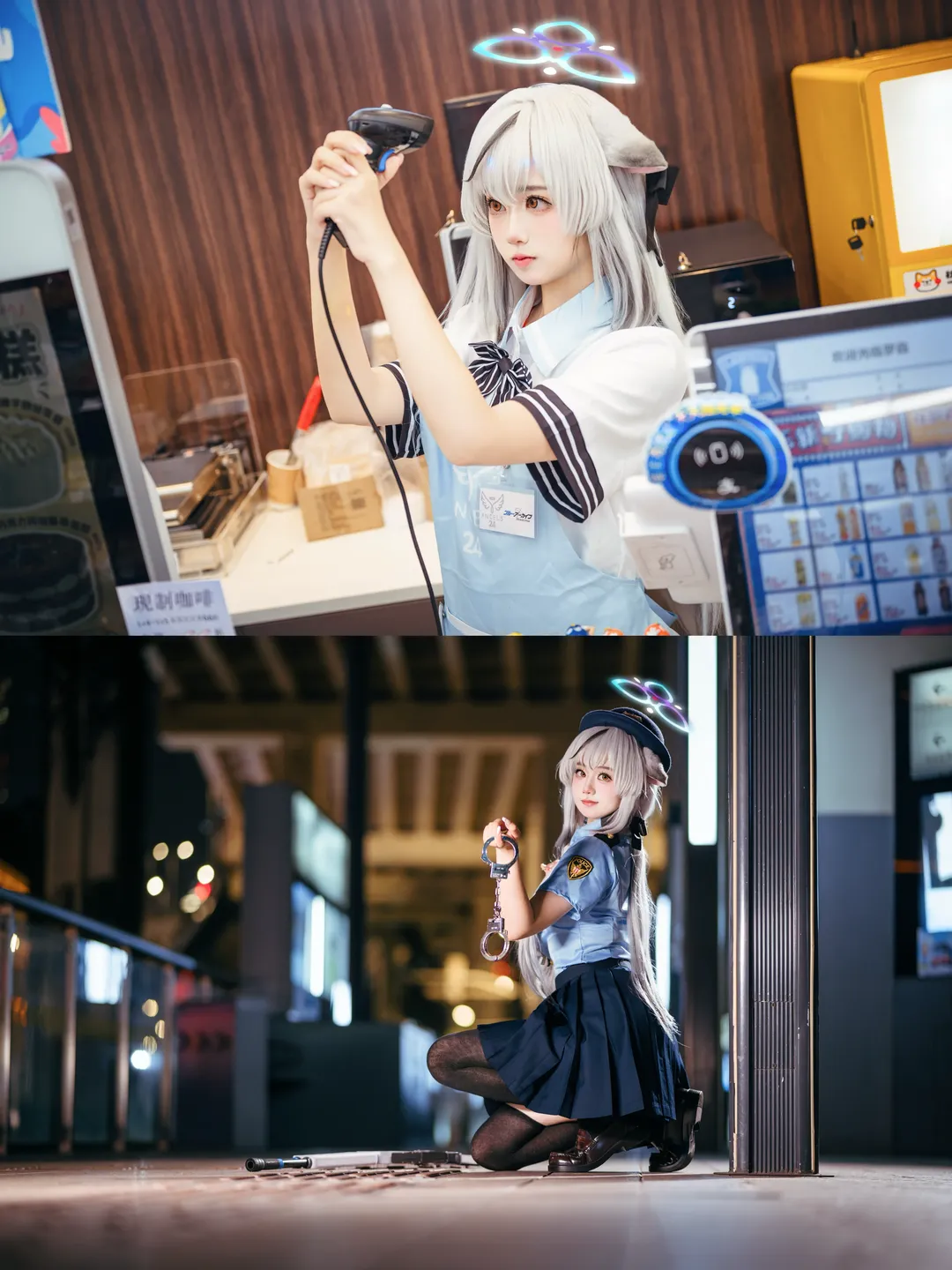 Blue Archive, Casual cosplay, Stocking outfit, Sunohara Kokona cosplay, Silver hair beast ears