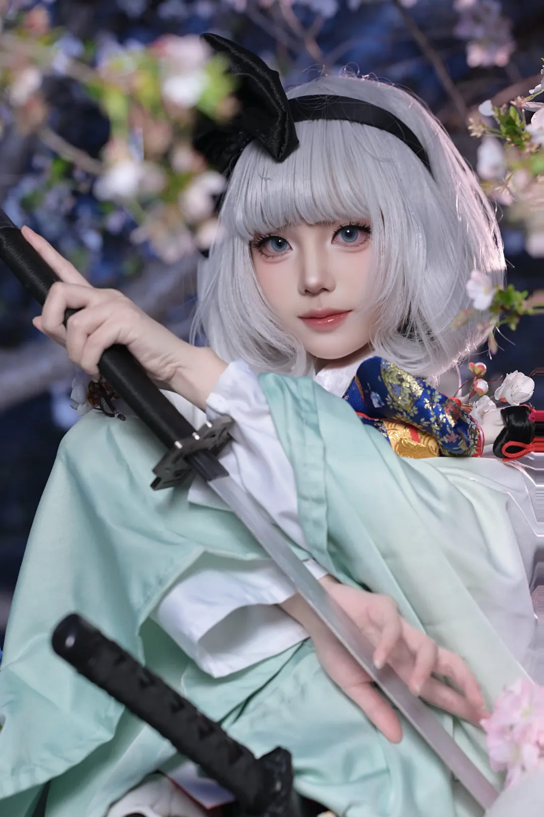 东方project, 魂魄妖梦cos, 和风cosplay, 夜景摄影, 武士刀少女