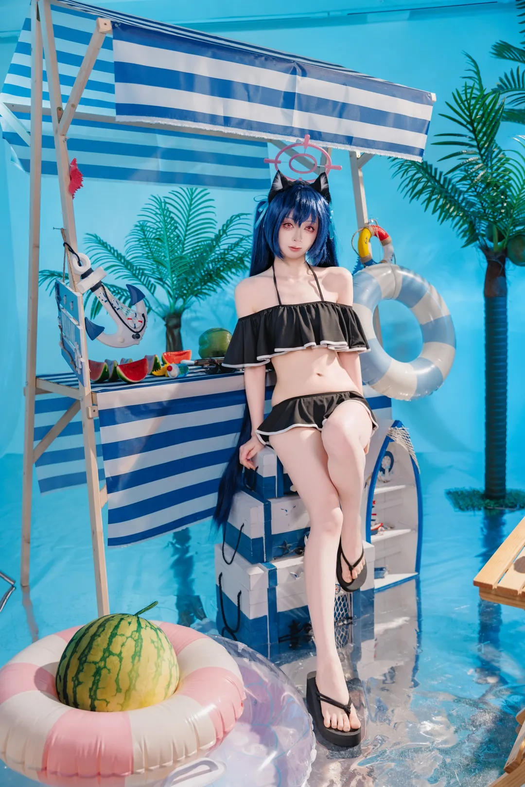 二次元摄影, 蔚蓝档案, 泳装cosplay, 夏日清凉, 黑见芹香cos