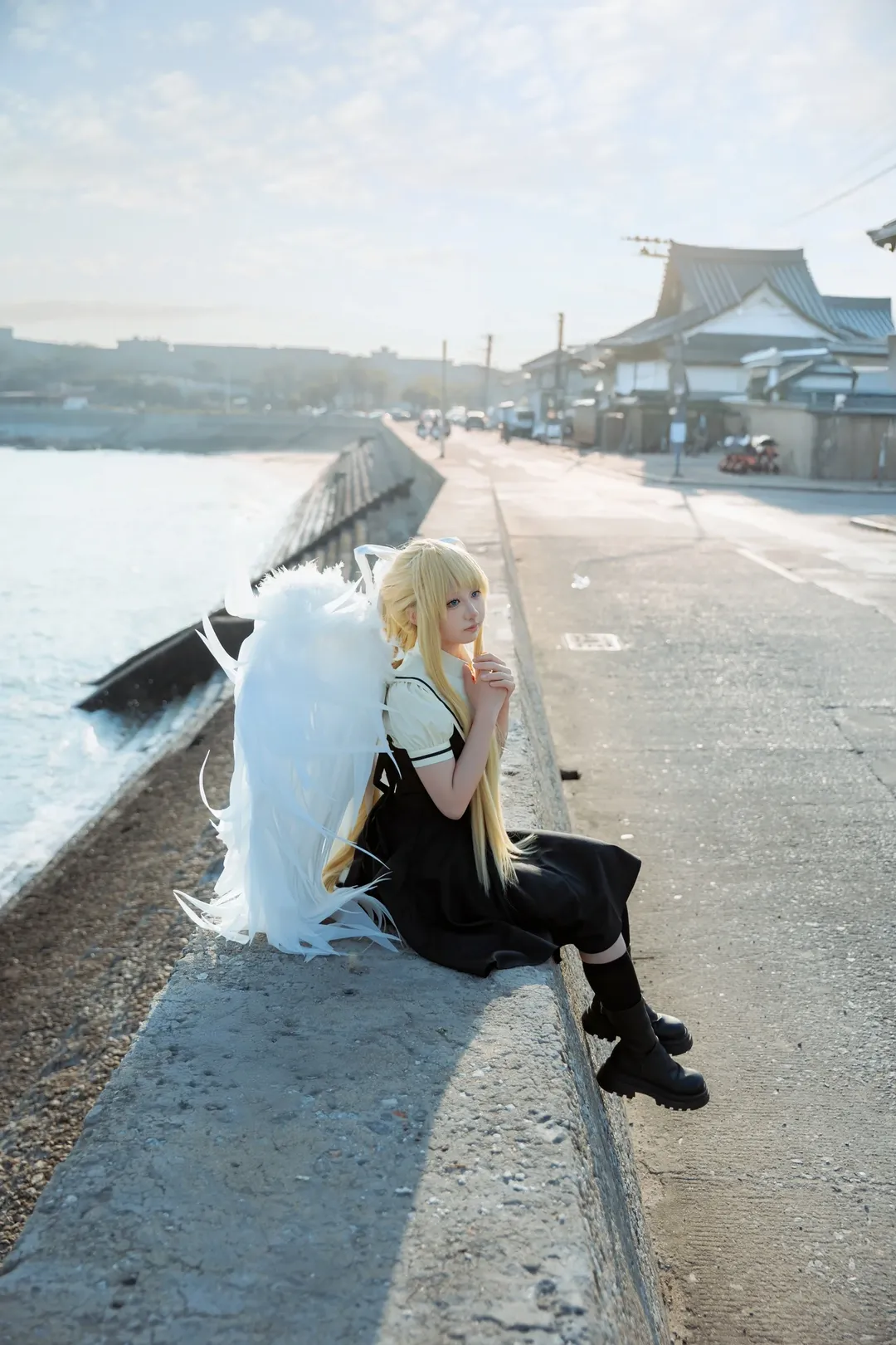 Seaside photoshoot, Angel wings, Misuzu Kamio cosplay, air, Black socks outfit - Image 1