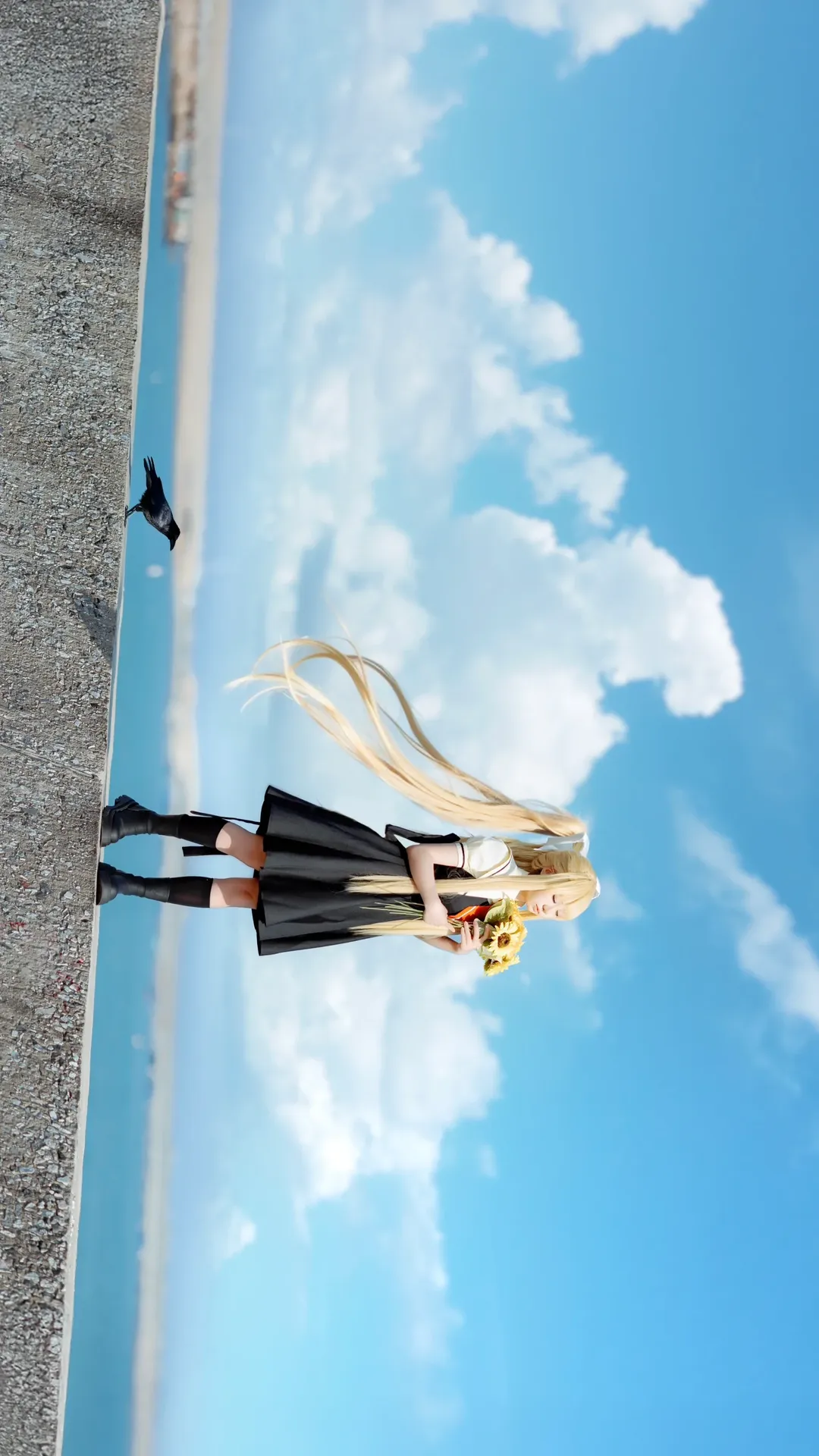 Seaside photoshoot, Angel wings, Misuzu Kamio cosplay, air, Black socks outfit - Image 3