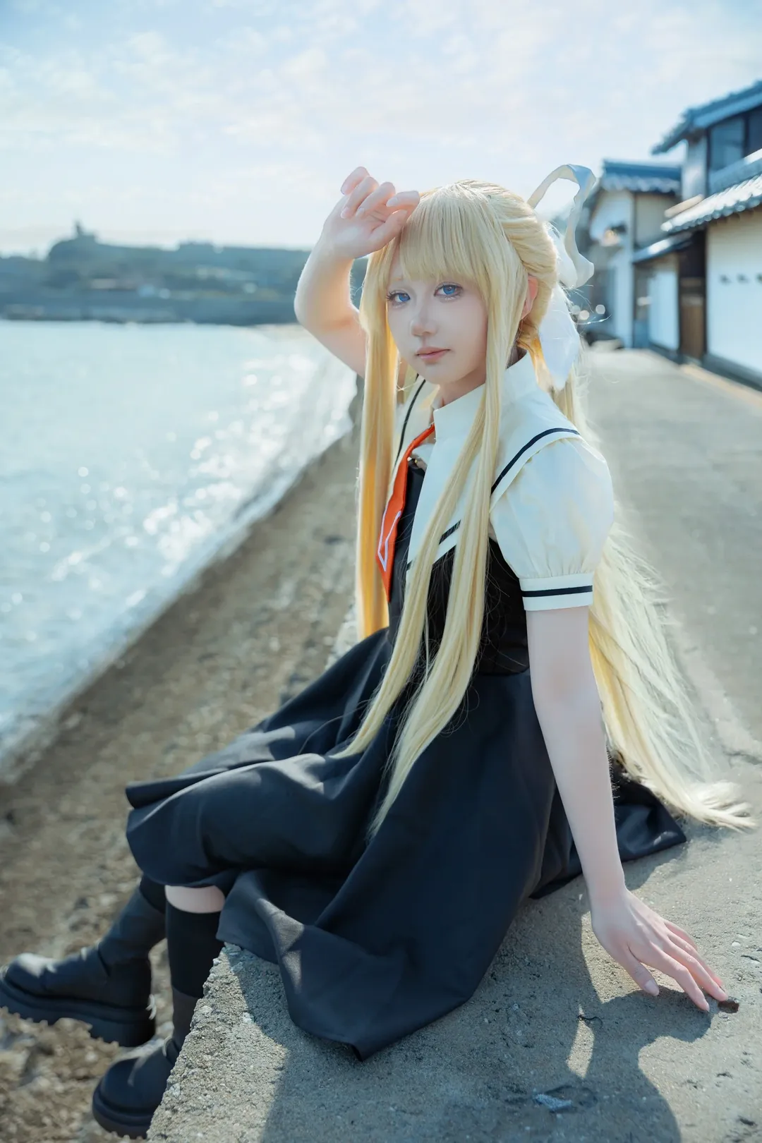 Seaside photoshoot, Angel wings, Misuzu Kamio cosplay, air, Black socks outfit - Image 7