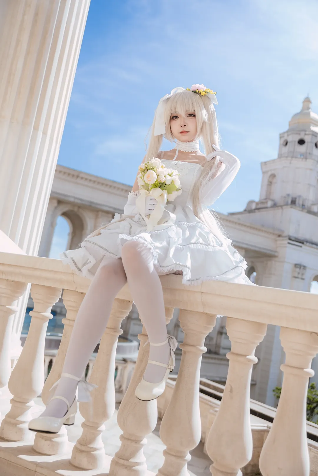 春日野穹cos, cosplay正片, 白丝cos, 穹妹花嫁, 欧式建筑摄影 - 第11张
