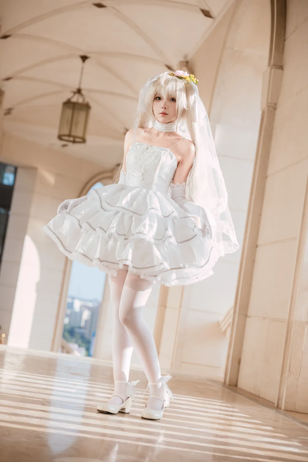 Kasugano Sora cosplay, Cosplay photoshoot, White tights cosplay, Kasugano Sora bride, European architectural photography