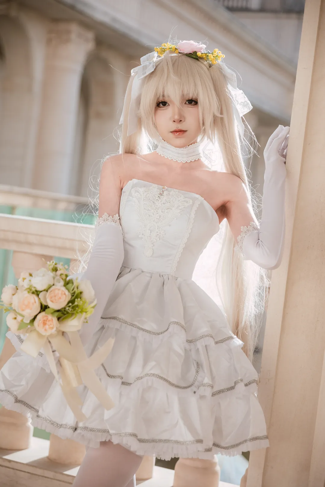 春日野穹cos, cosplay正片, 白丝cos, 穹妹花嫁, 欧式建筑摄影 - 第6张