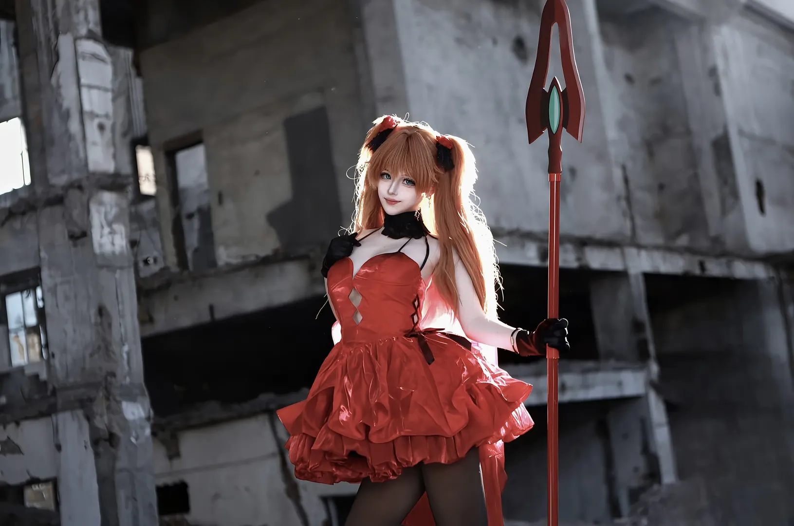 明日香cos, 新世紀福音戰士, 廢墟攝影, 黑絲cos, eva - 第1張