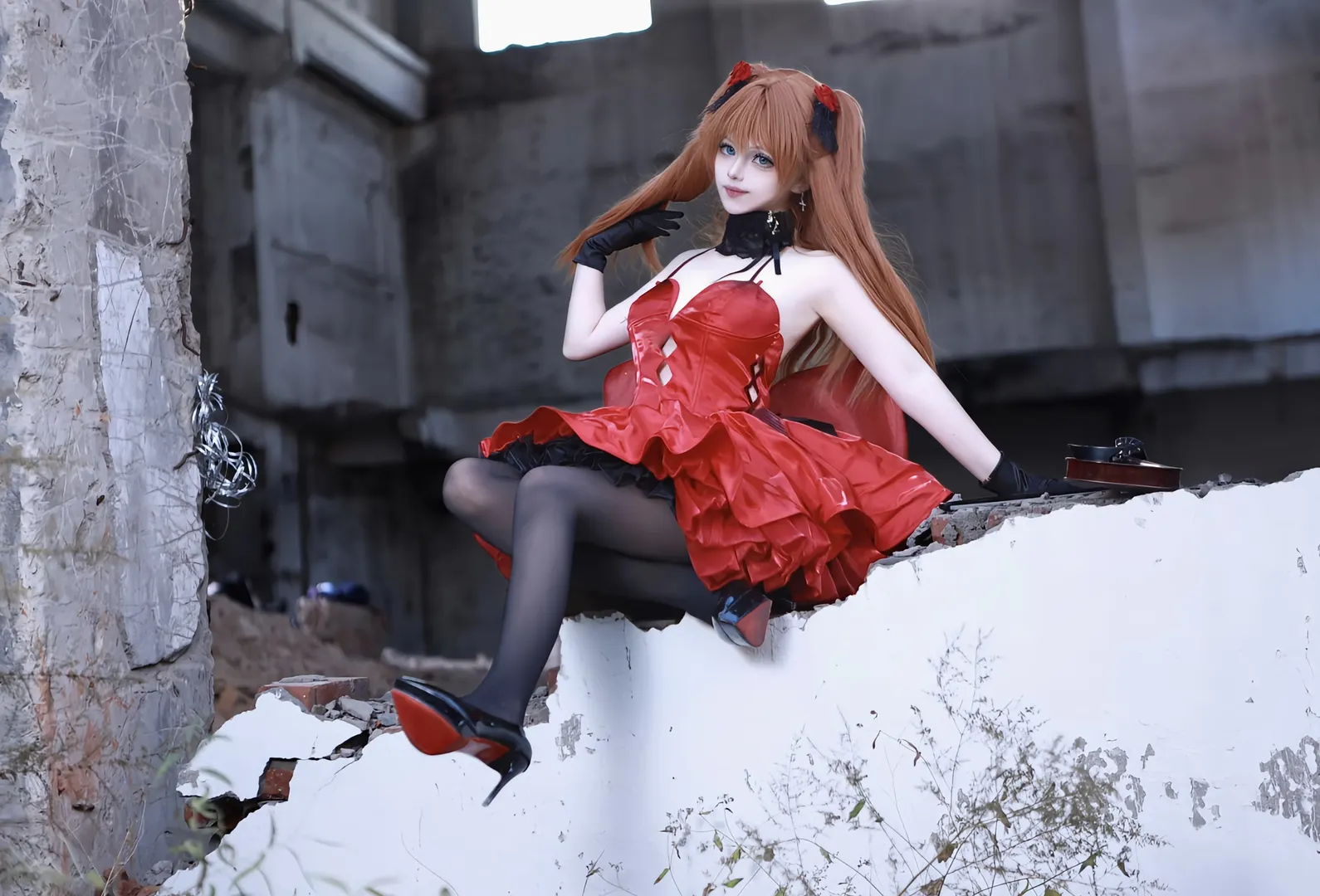 明日香cos, 新世紀福音戰士, 廢墟攝影, 黑絲cos, eva - 第4張