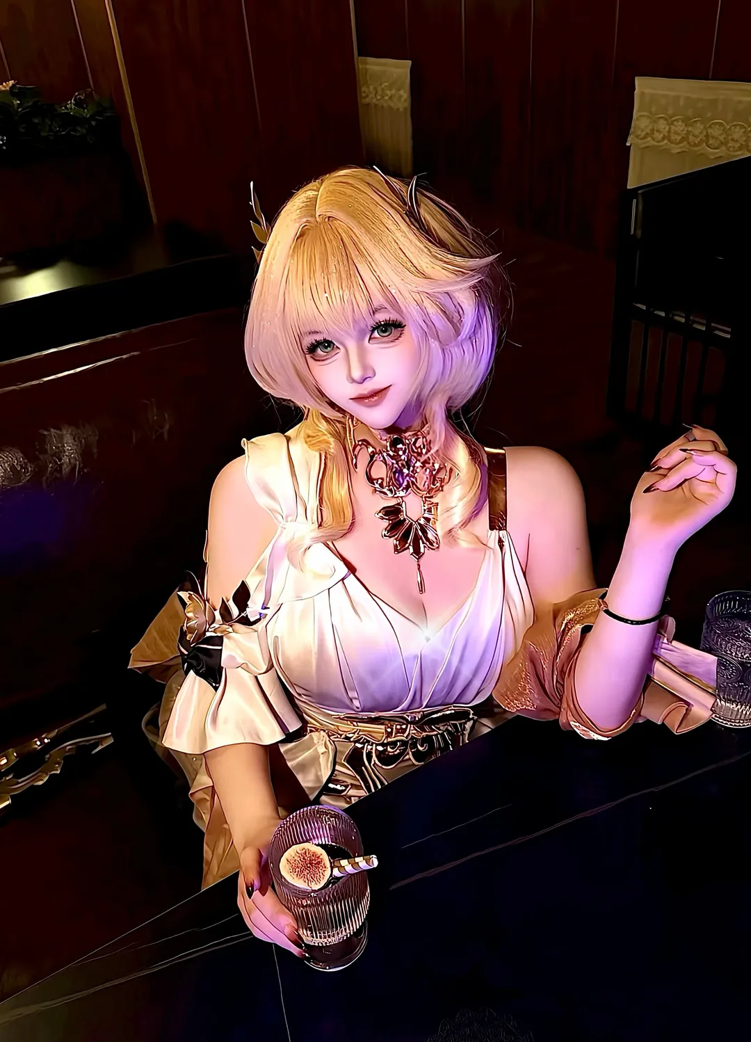 Aglaea Cosplay, Honkai: Star Rail, Cosplay photography, Currency wars theme, Night view bar counter