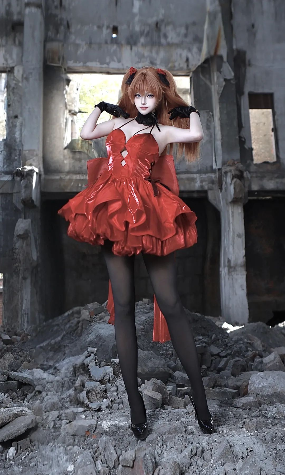 二次元cosplay, EVA, 明日香cos, 黑丝穿搭, 废墟风摄影