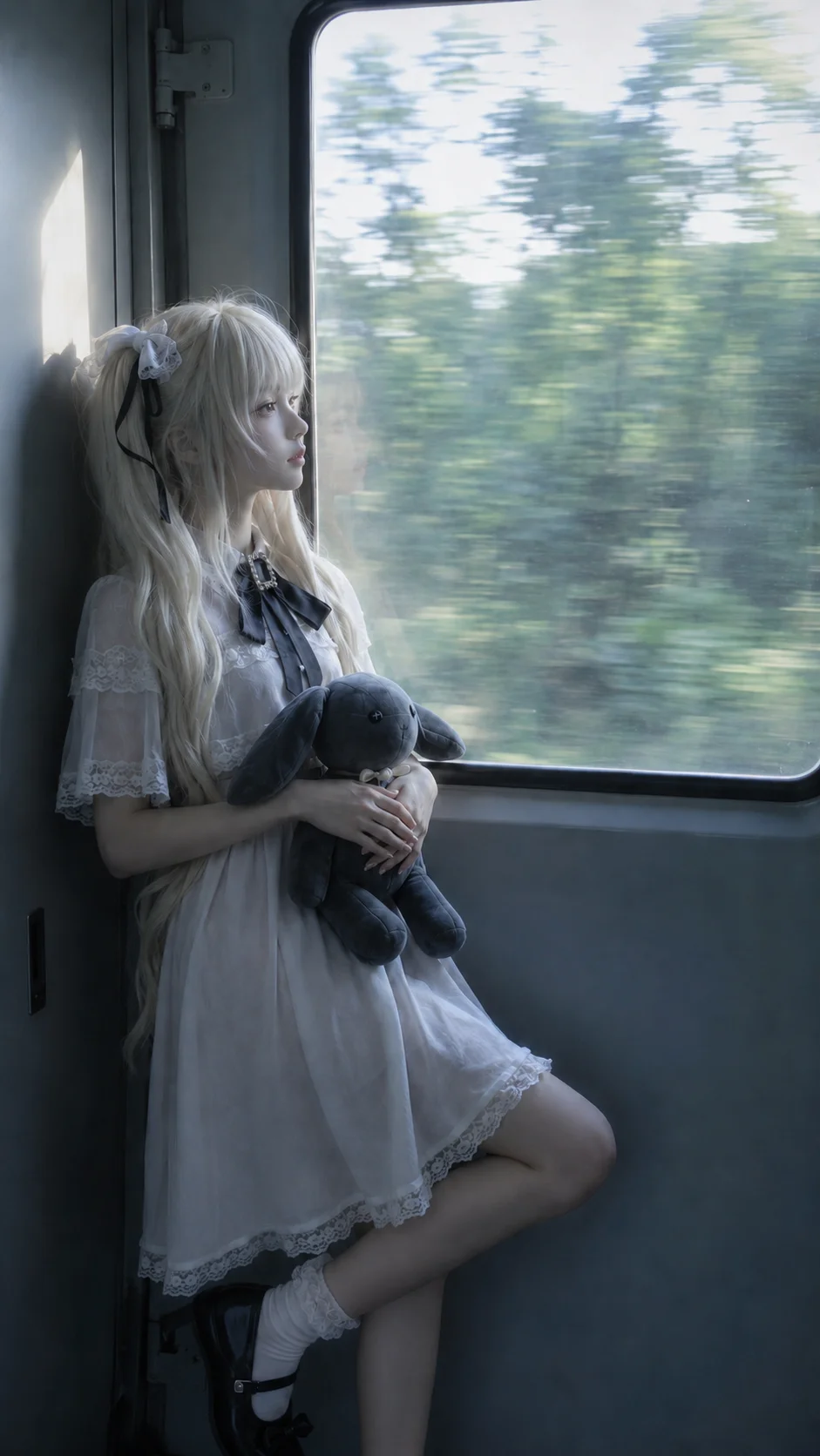 二次元cosplay, 穹妹cos, 緣分的天空, 白裙双马尾, 列车写真