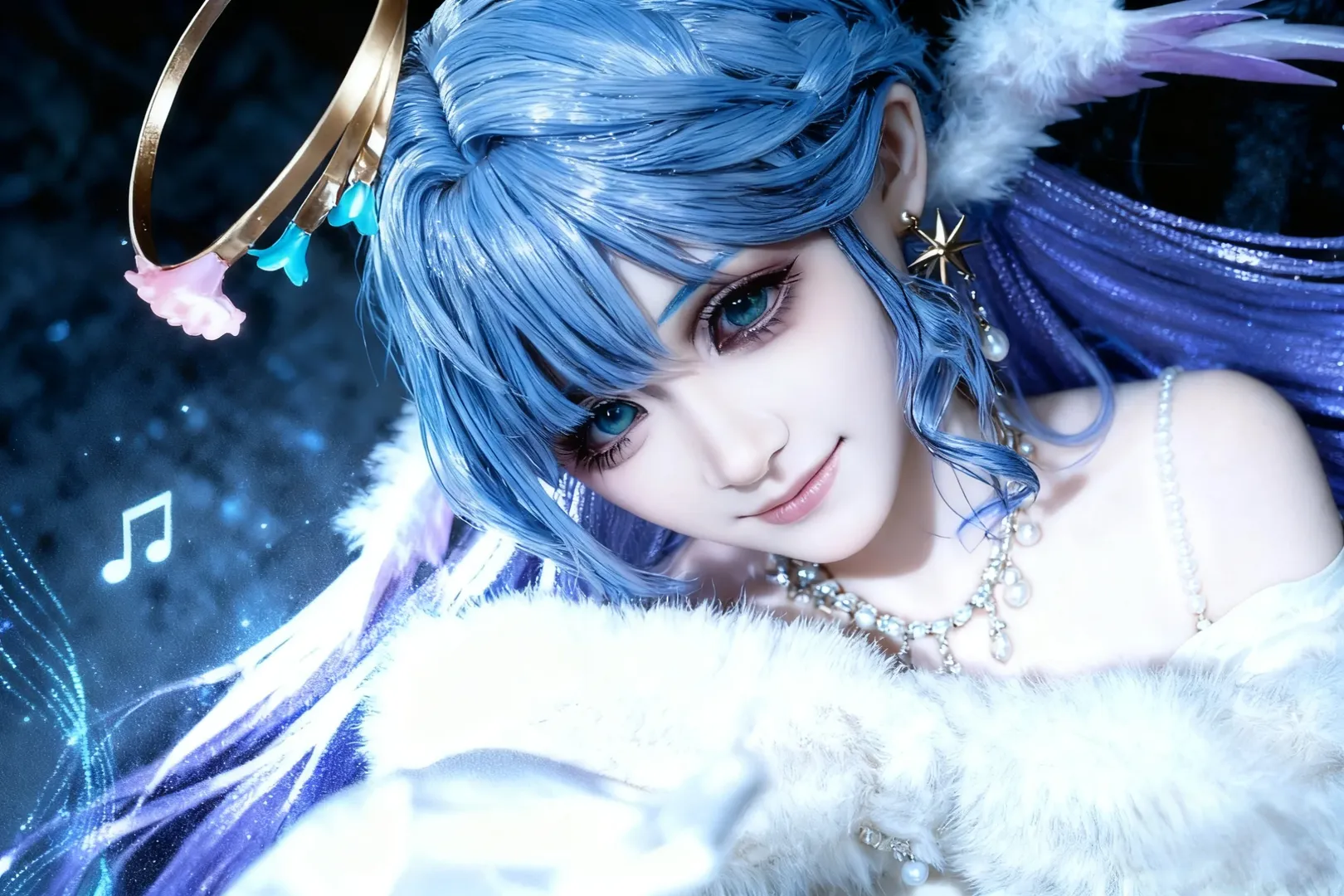 Honkai: Star Rail, Robin cosplay, Blue-haired cosplay, Doubao photo editing effects, Starry sky atmosphere