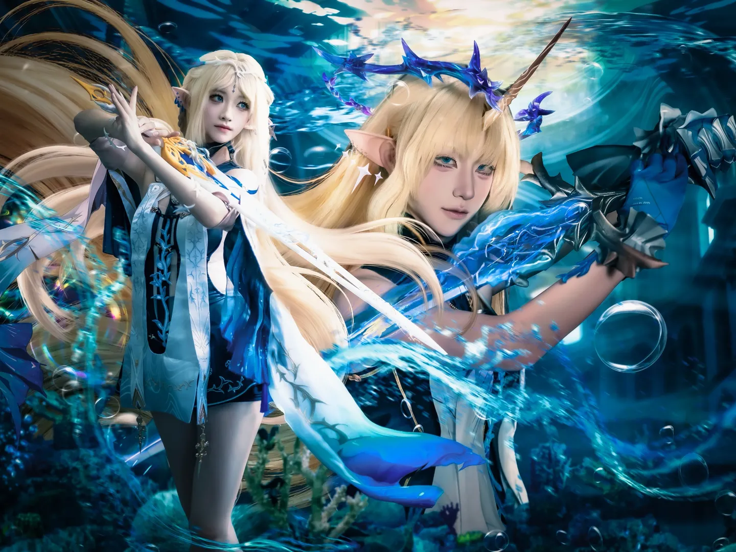 鸣潮, 卡提希娅cos, 芙露德莉斯cos, 精灵cosplay, 水下特效摄影 - 第1张