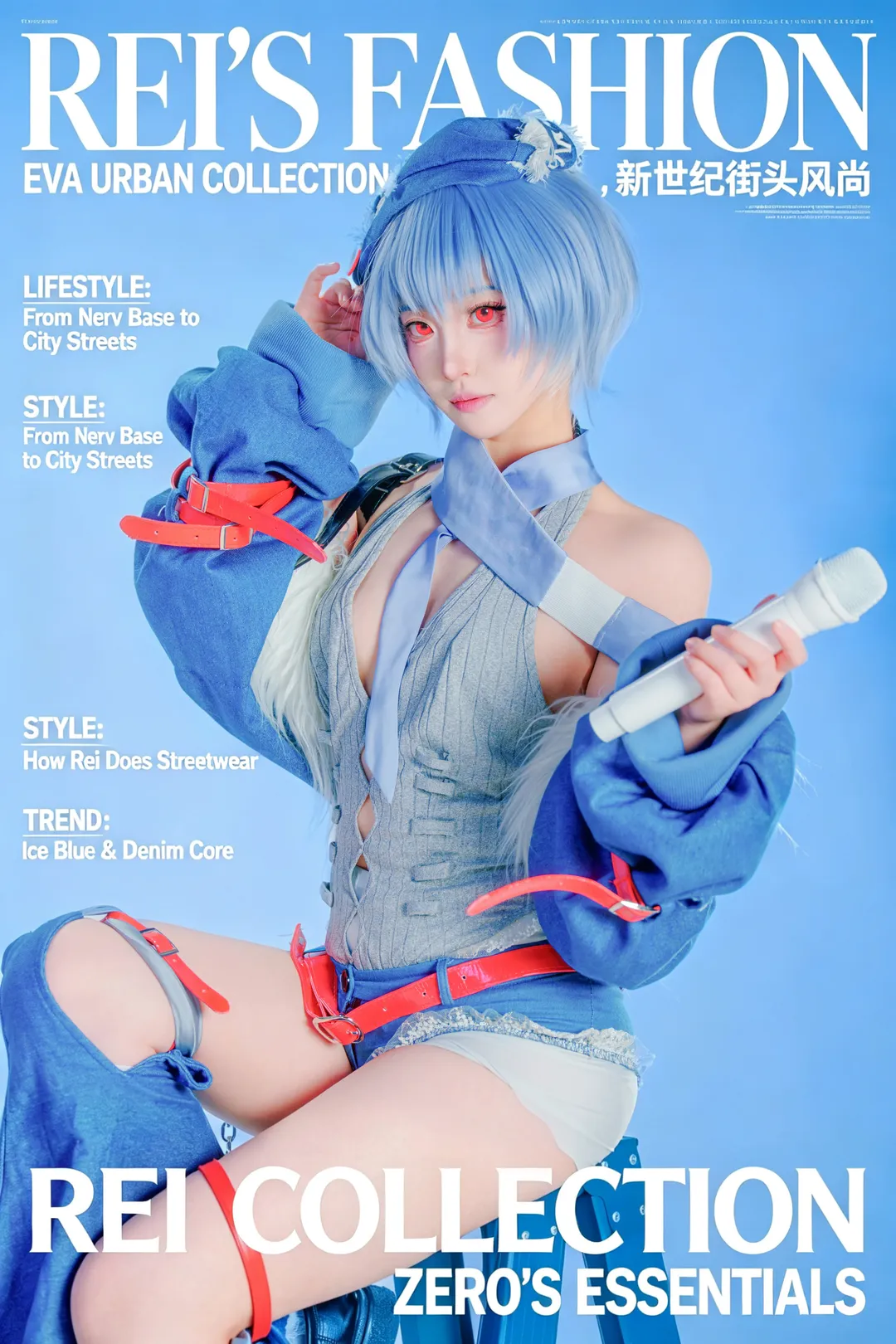 綾波レイコスプレ, 新世紀エヴァンゲリオン, コスプレ撮影, ロックバンドファッション, アイスブルーデニム風